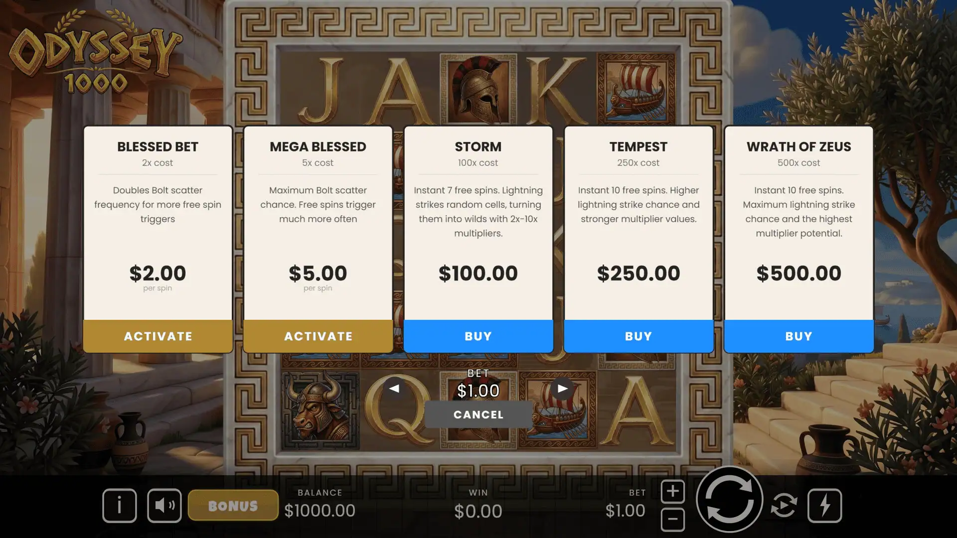 Odyssey 1000 bonus buy menu