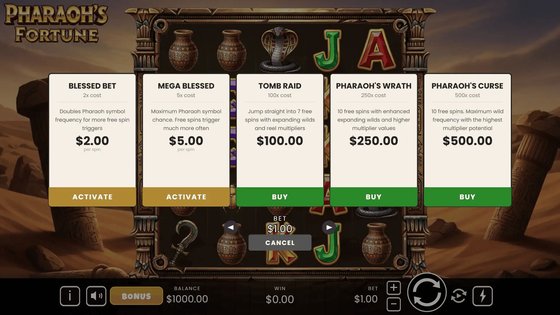 Pharaoh Fortune bonus buy menu
