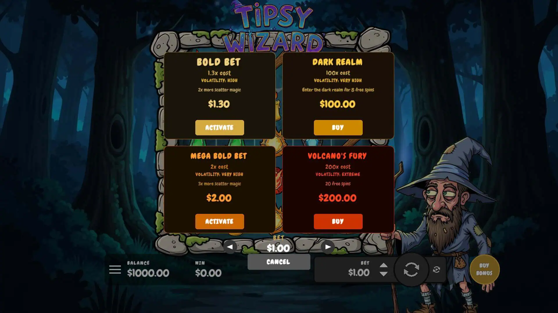 Tipsy Wizard bonus buy menu