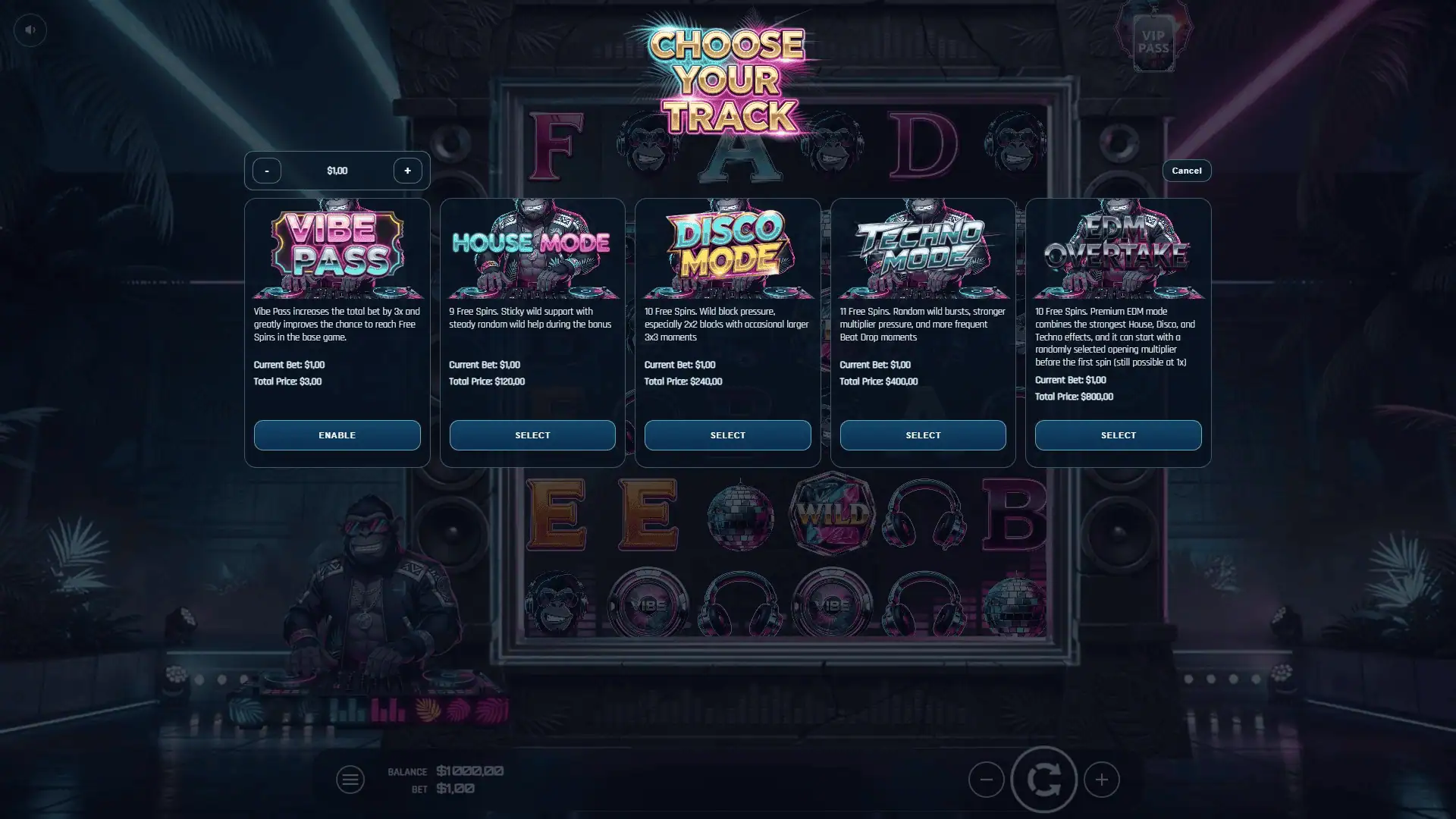 Vibe Ape bonus buy menu