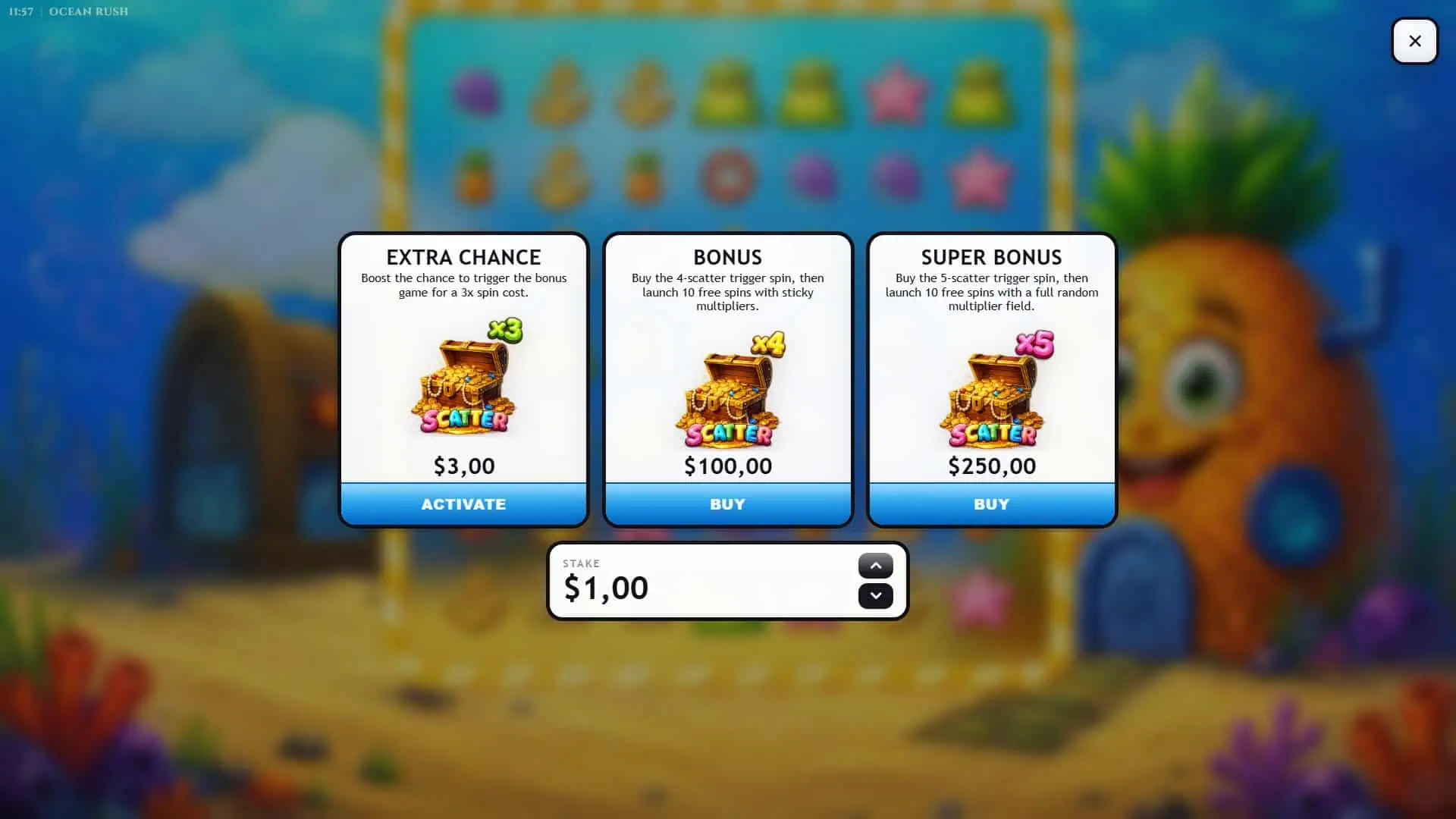 Ocean Rush bonus buy menu