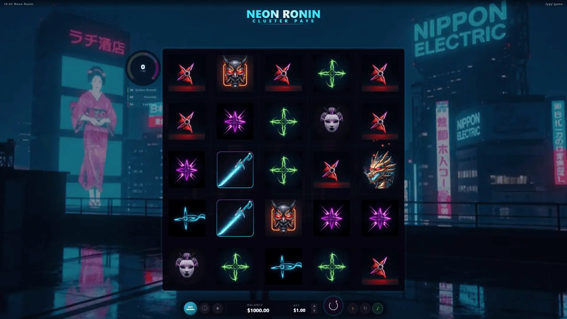 Neon Ronin slot intro screen