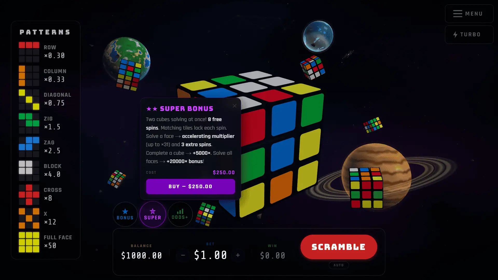 Cube 3D bonus buy menu