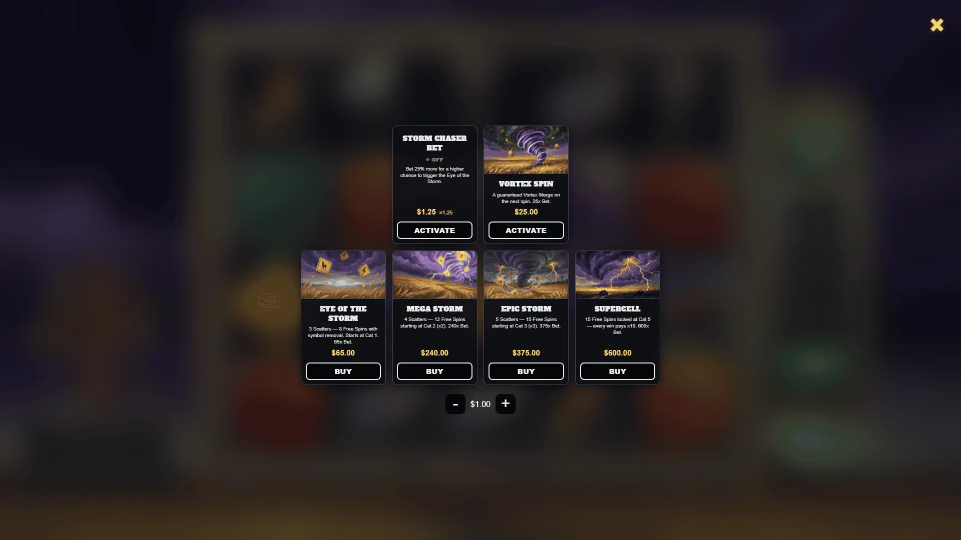 Cash Cyclone bonus buy menu