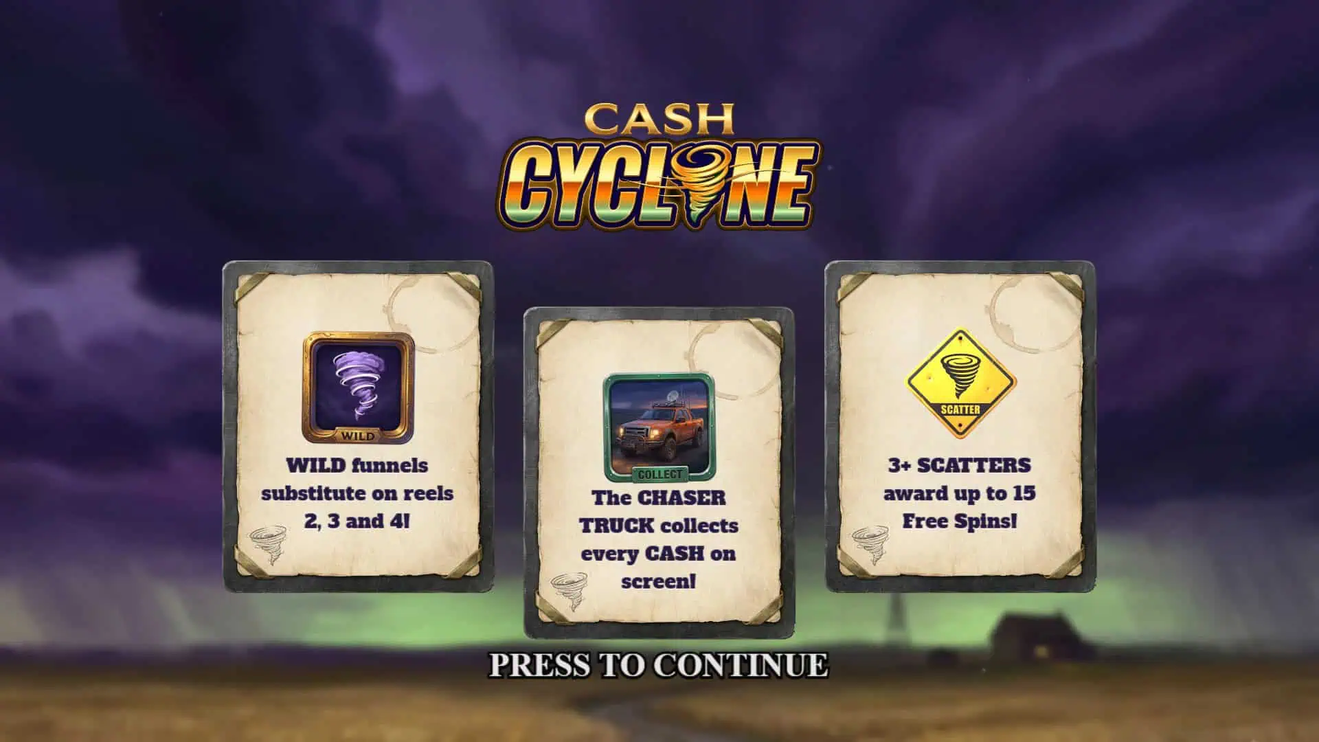 Cash Cyclone slot intro screen