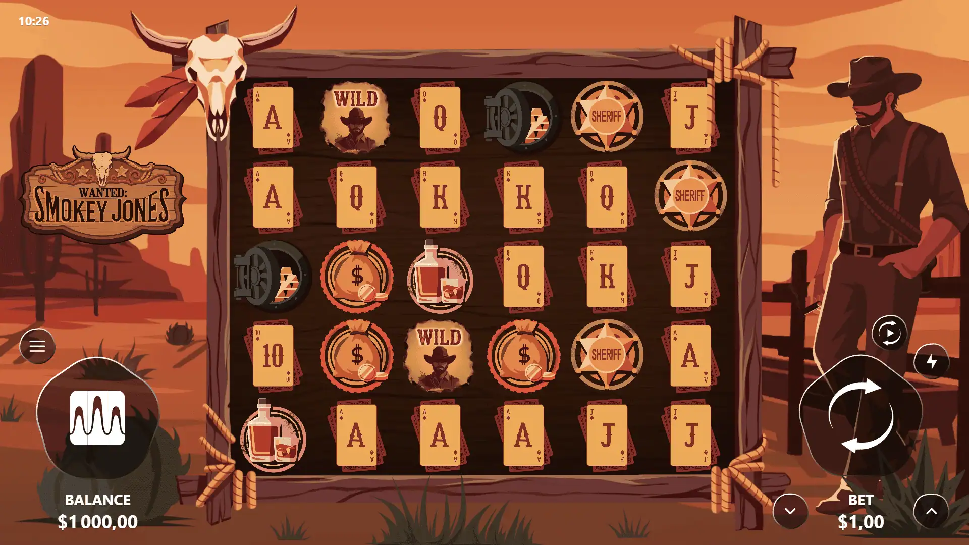 Wanted: Smokey Jones slot gameplay reels