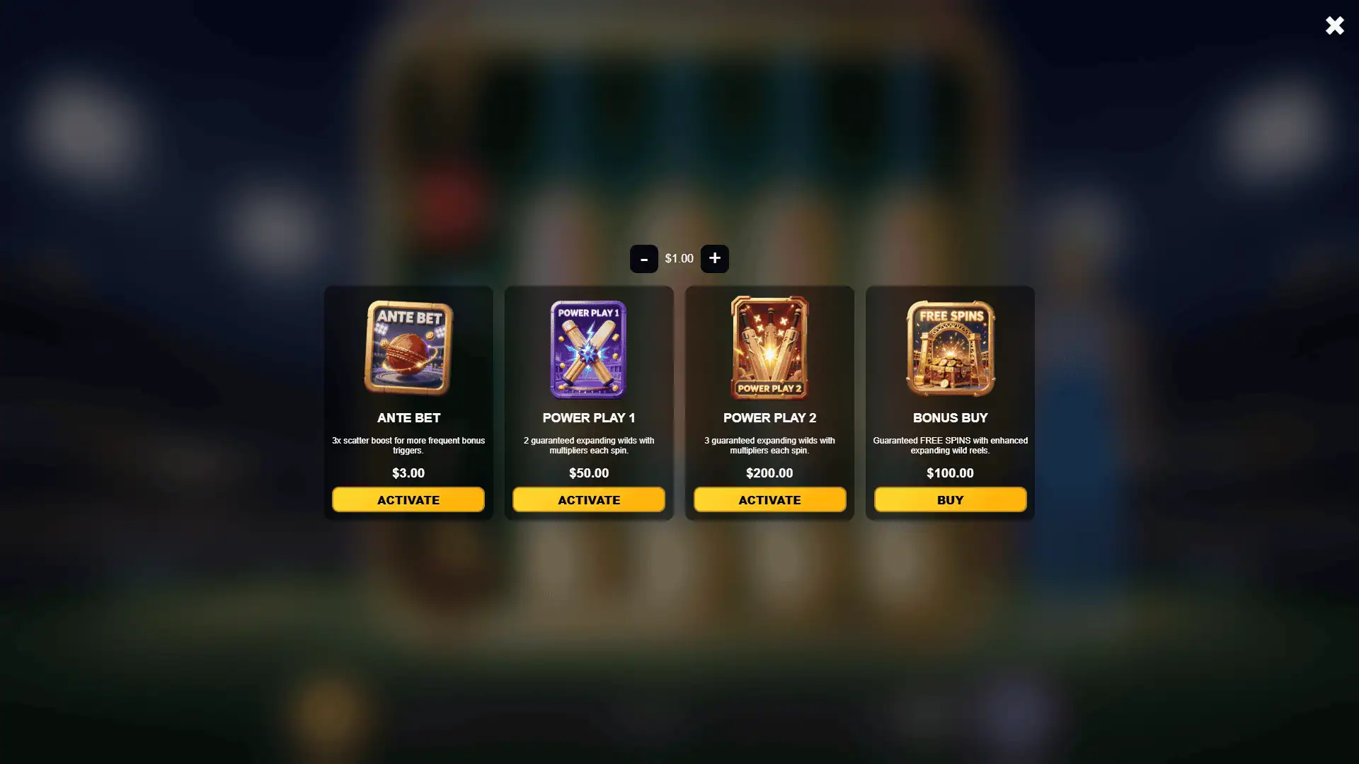 Cricket Fever: PowerPlay Smash bonus buy menu