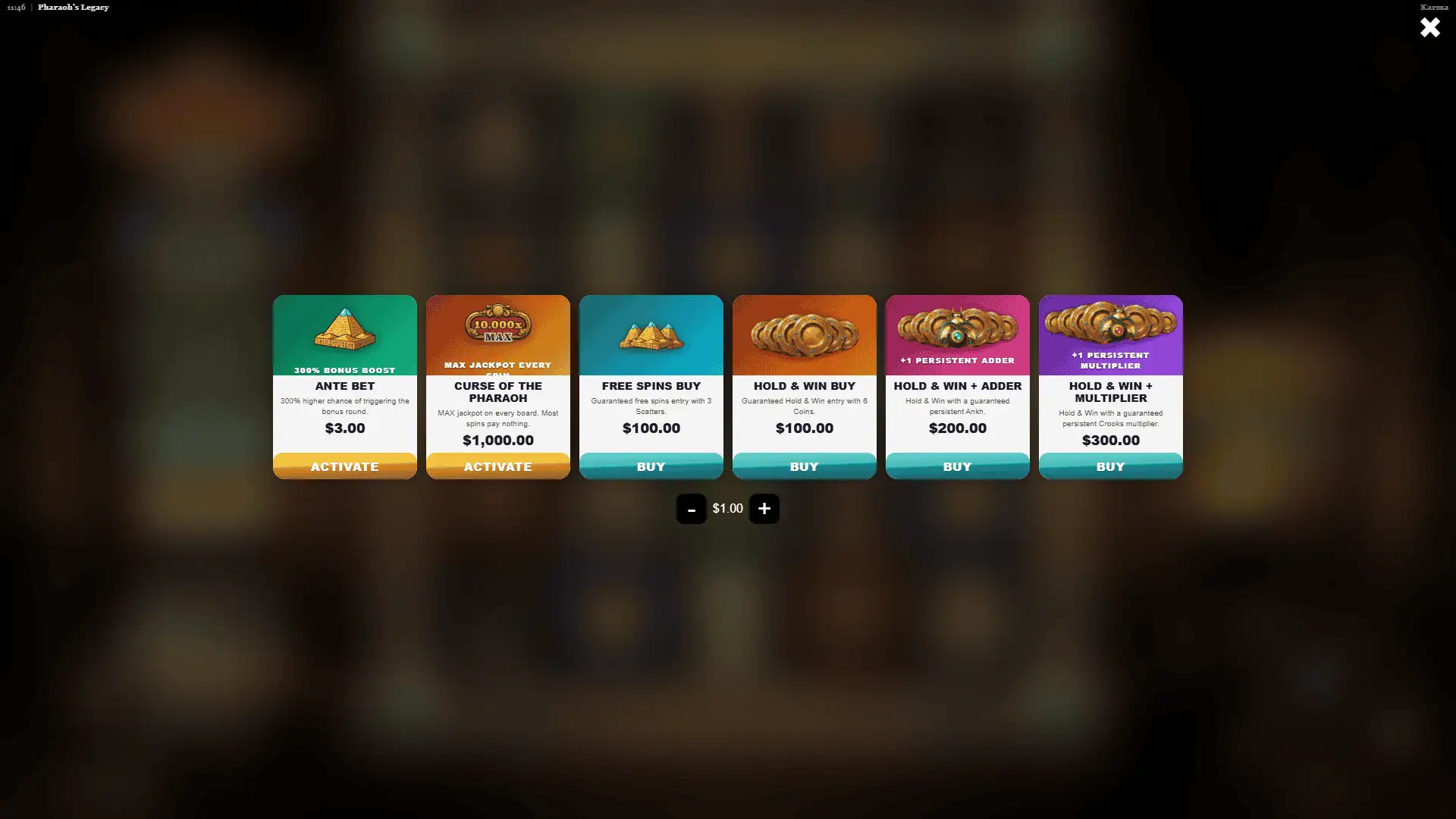 Pharaoh Legacy bonus buy menu