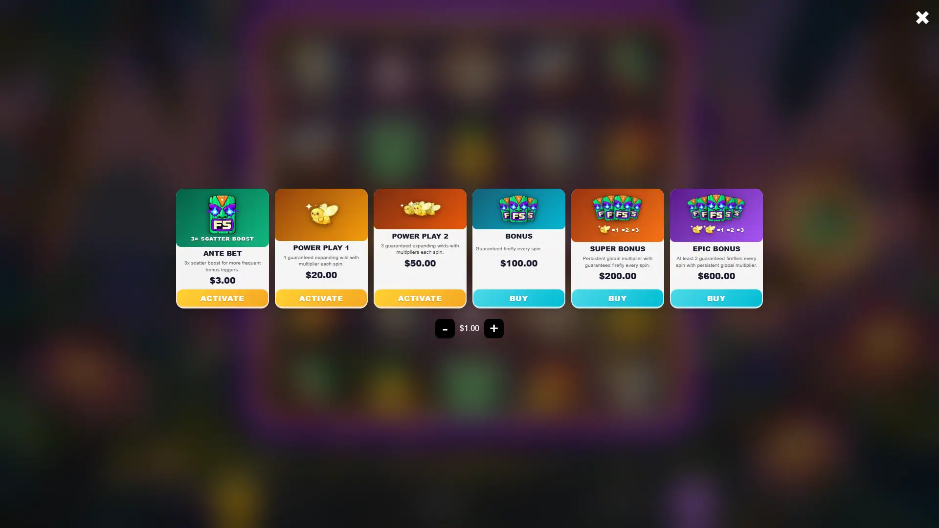 Tropical Vibes FireFly bonus buy menu