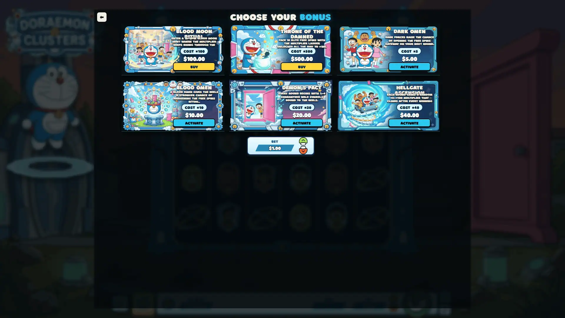 Doraemon Clusters bonus buy menu