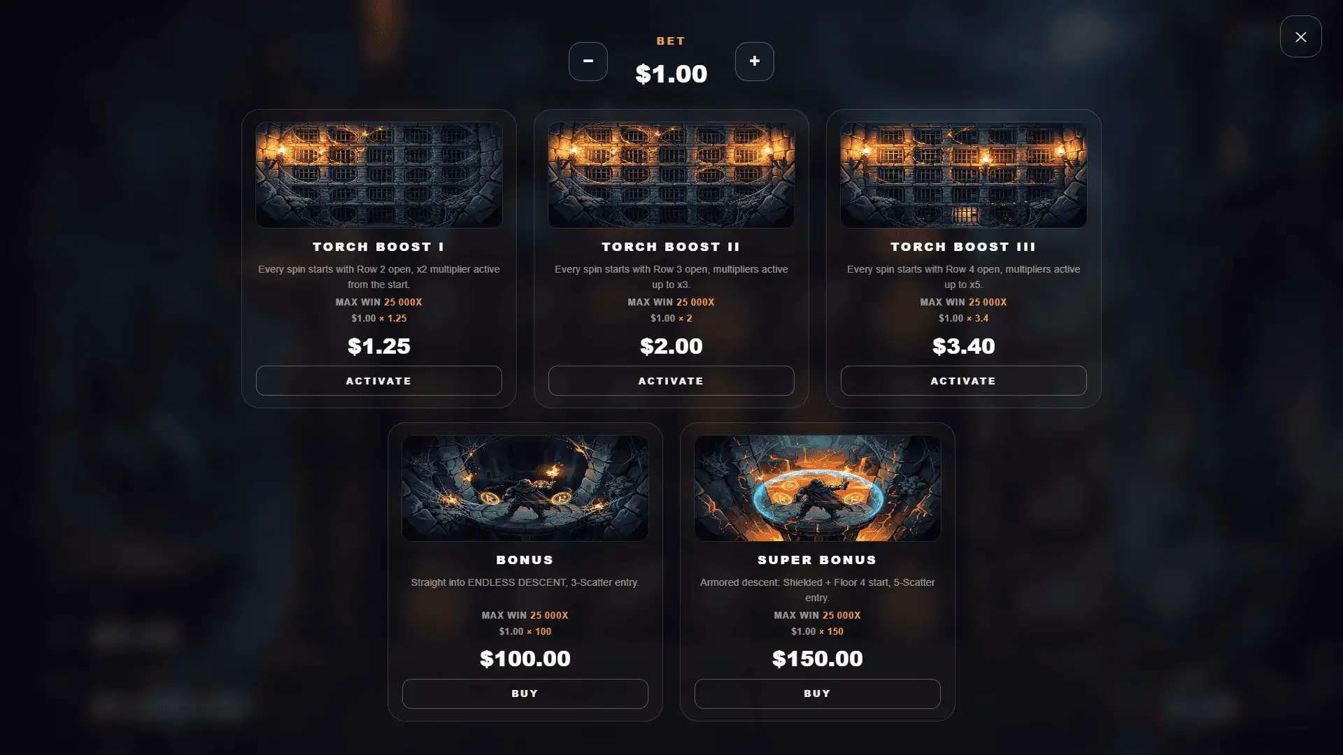 Dungeon: The Rune & Boon bonus buy menu