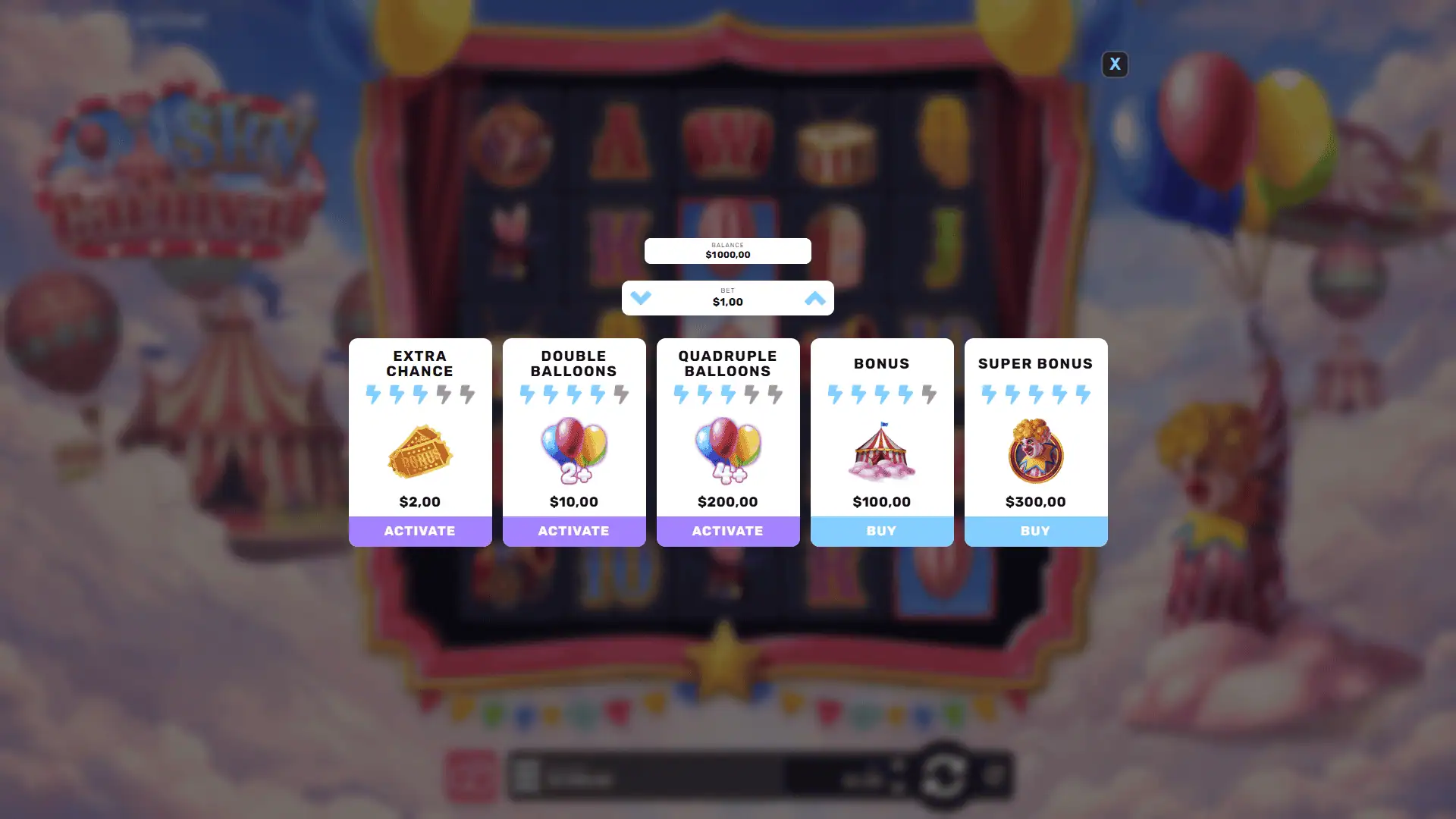 Sky Carnival bonus buy menu