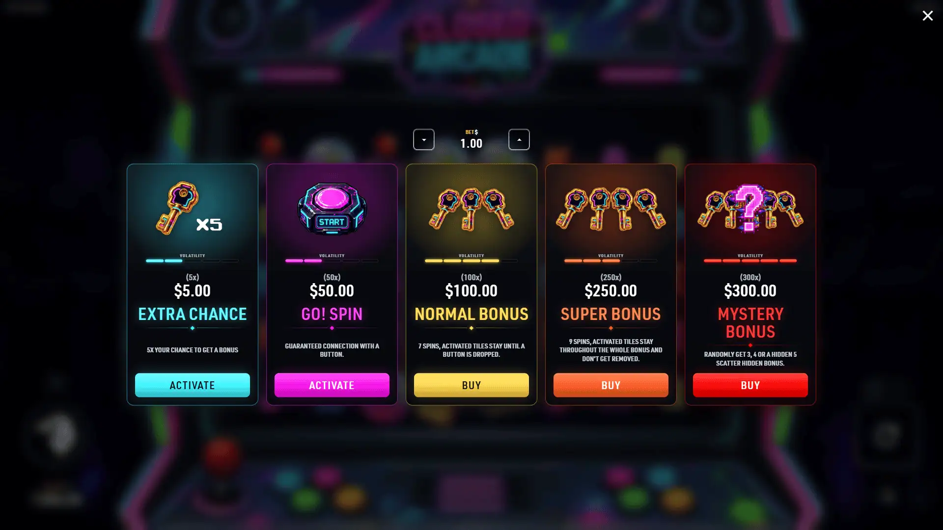 Closed Arcade bonus buy menu