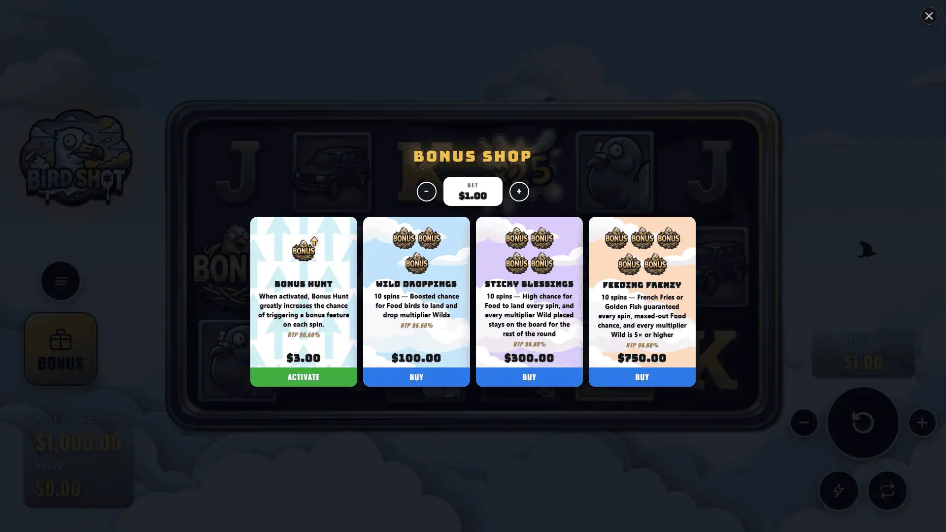 Birdshot bonus buy menu