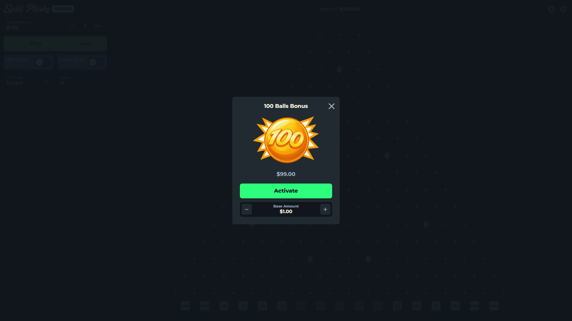 Split Plinko 100000 bonus buy menu