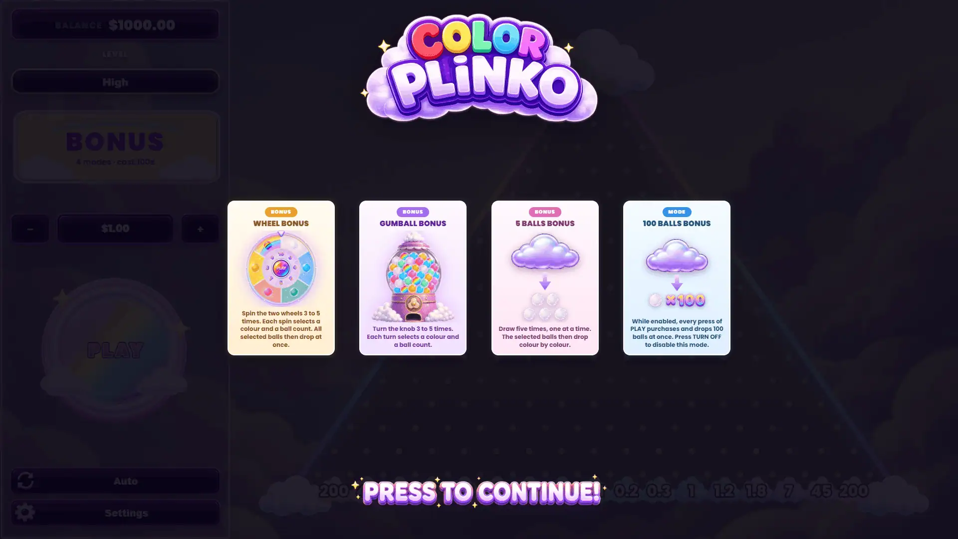 Color Plinko slot intro screen