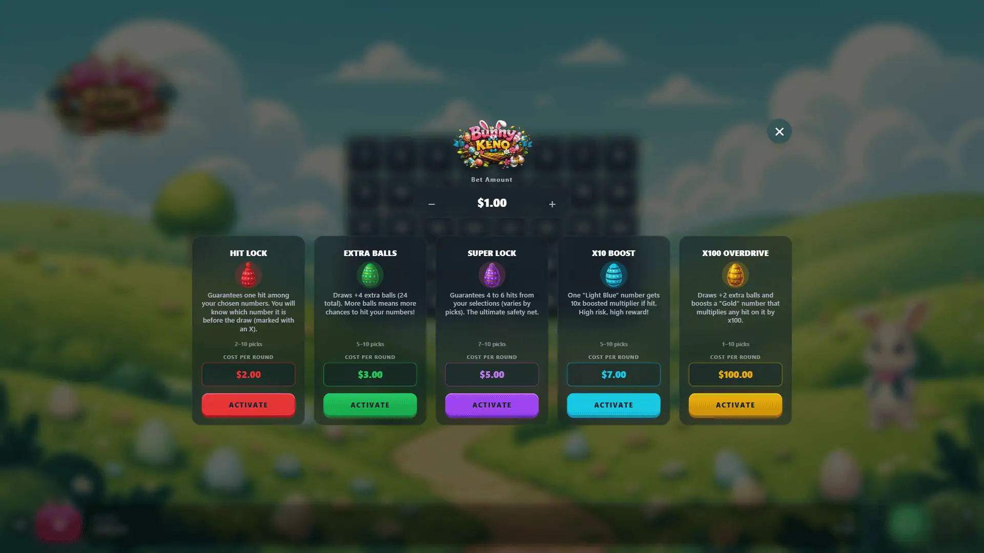 Bunny Keno bonus buy menu