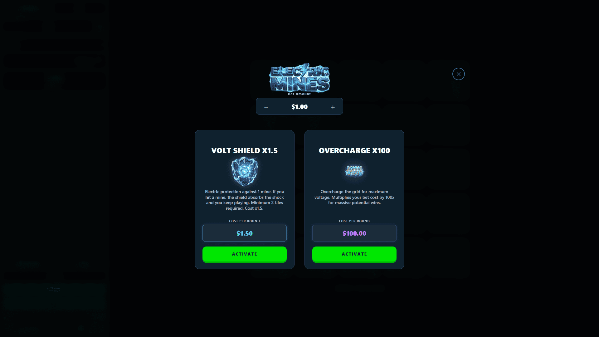 Electric Mines bonus buy menu