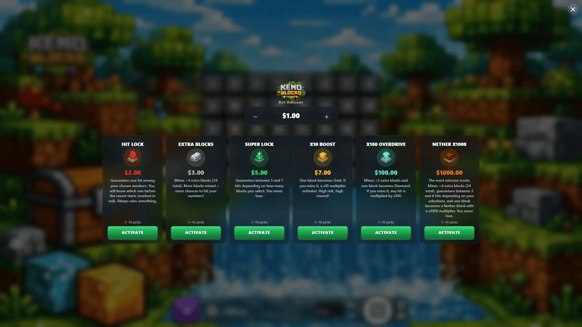 Keno Blocks bonus buy menu