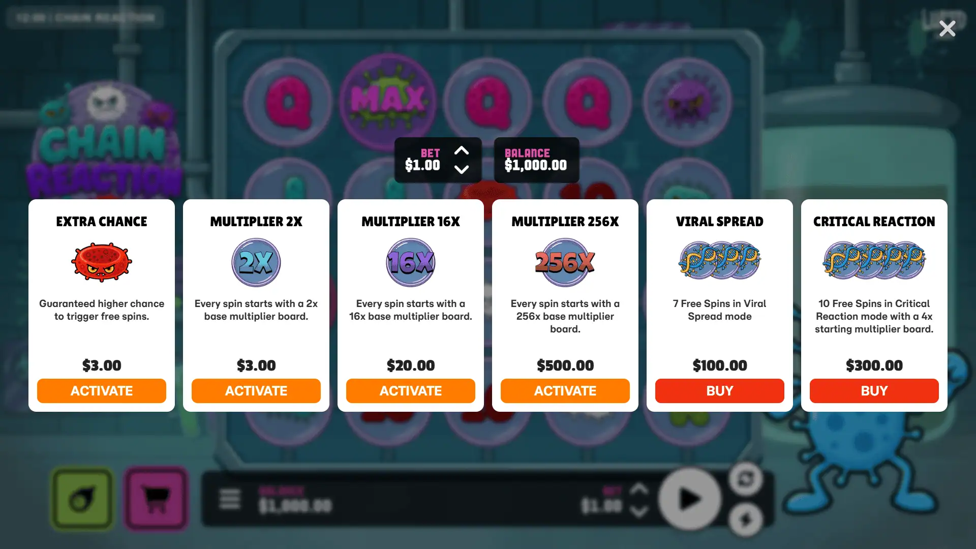 Chain Reaction bonus buy menu