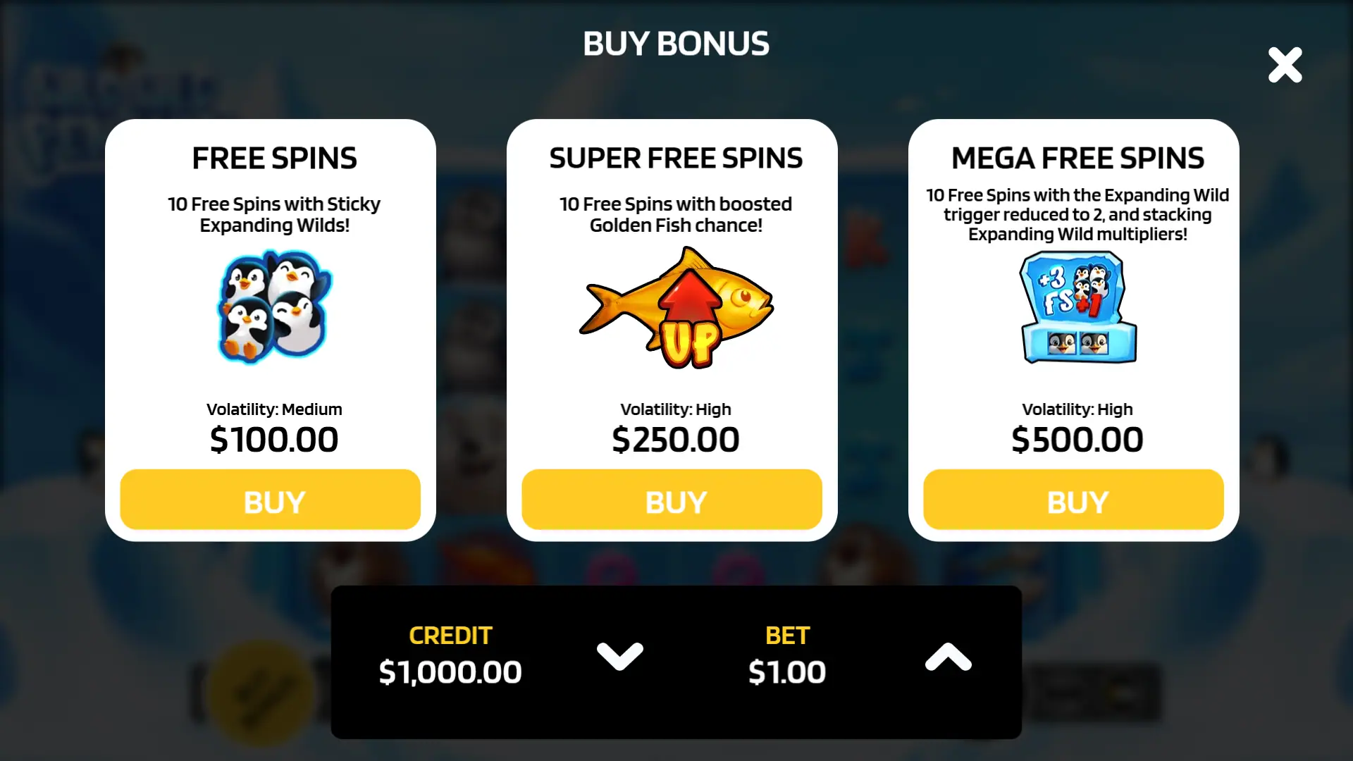 Wild Wild Penguin bonus buy menu
