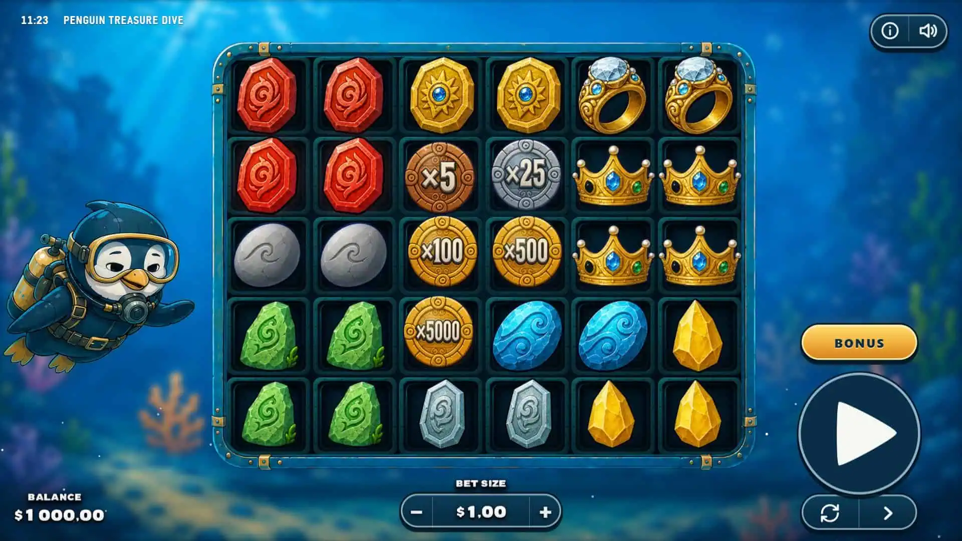 Penguin Treasure Dive slot gameplay reels