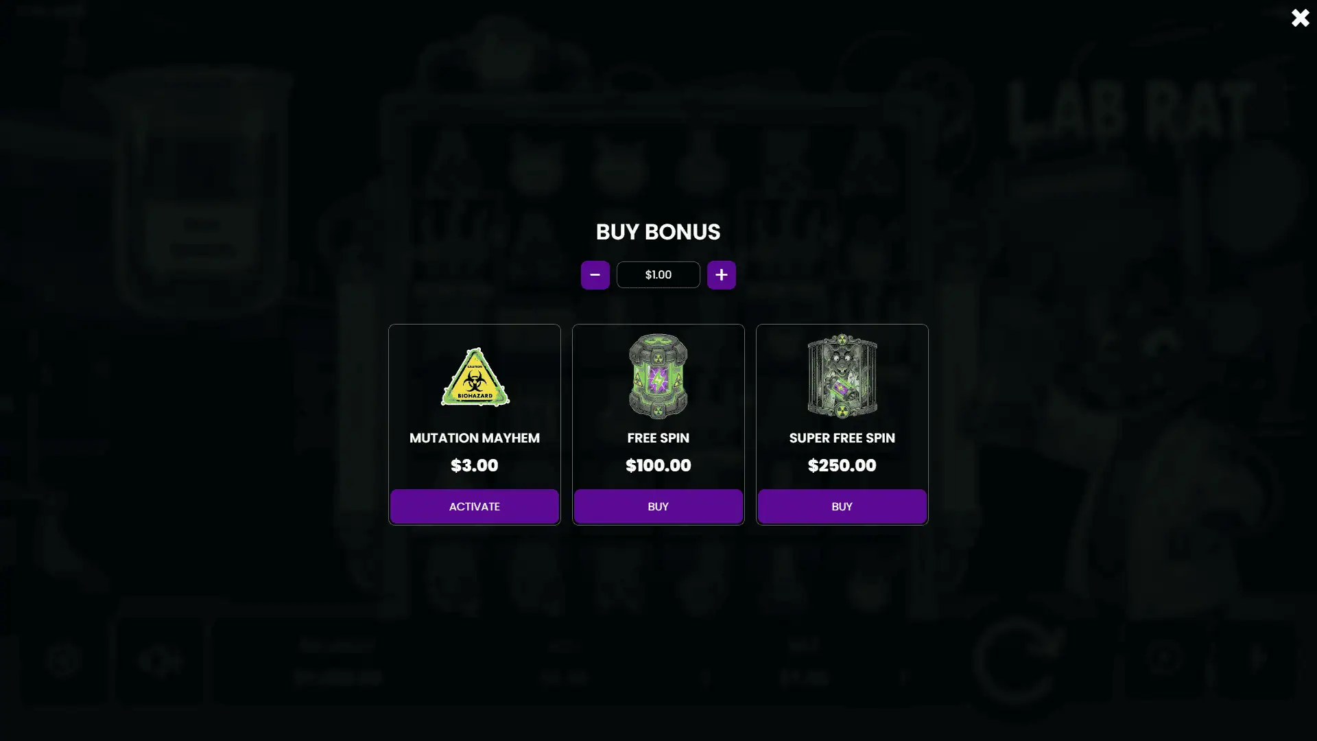 Lab Rat bonus buy menu