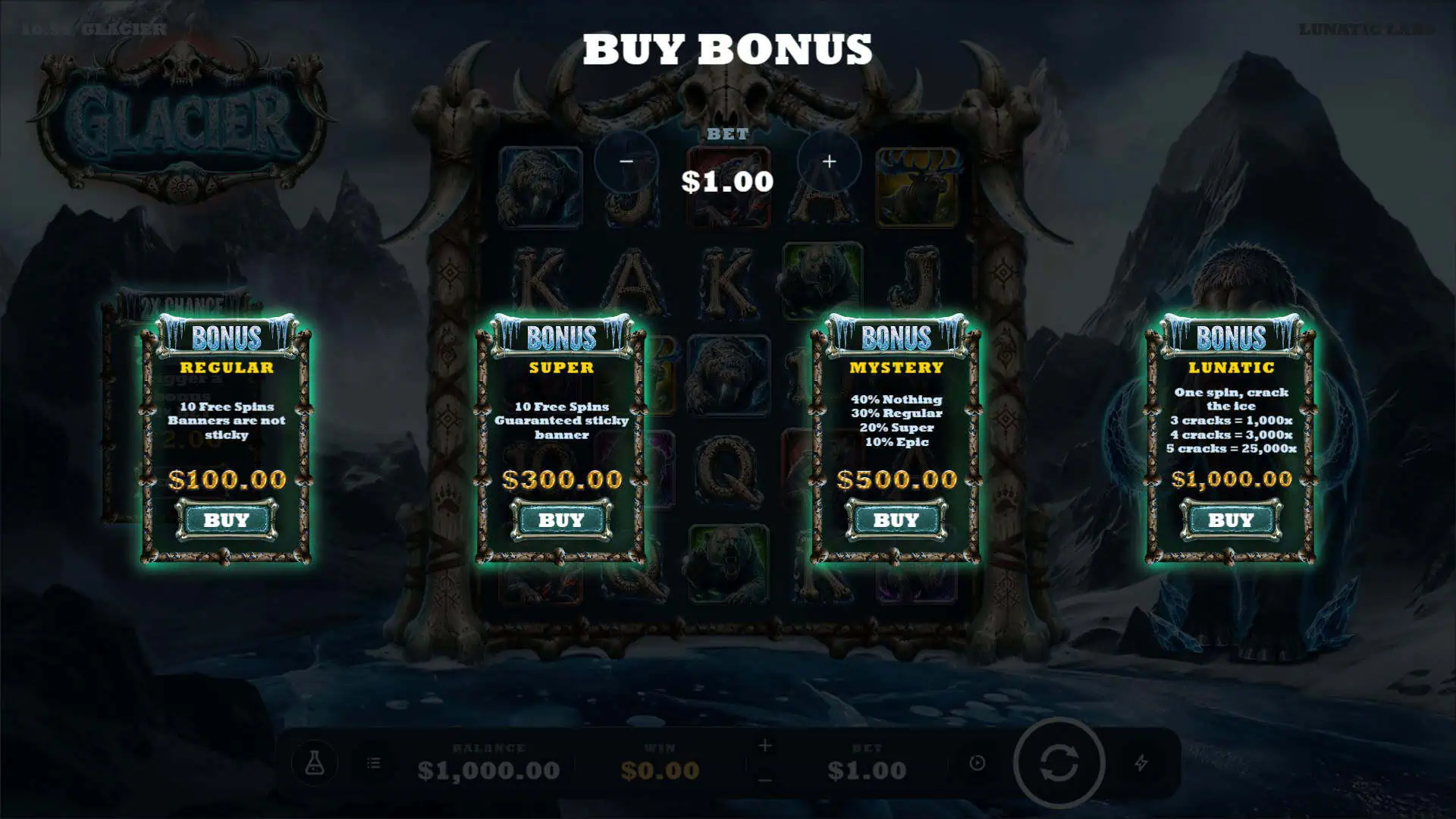 Glacier bonus buy menu
