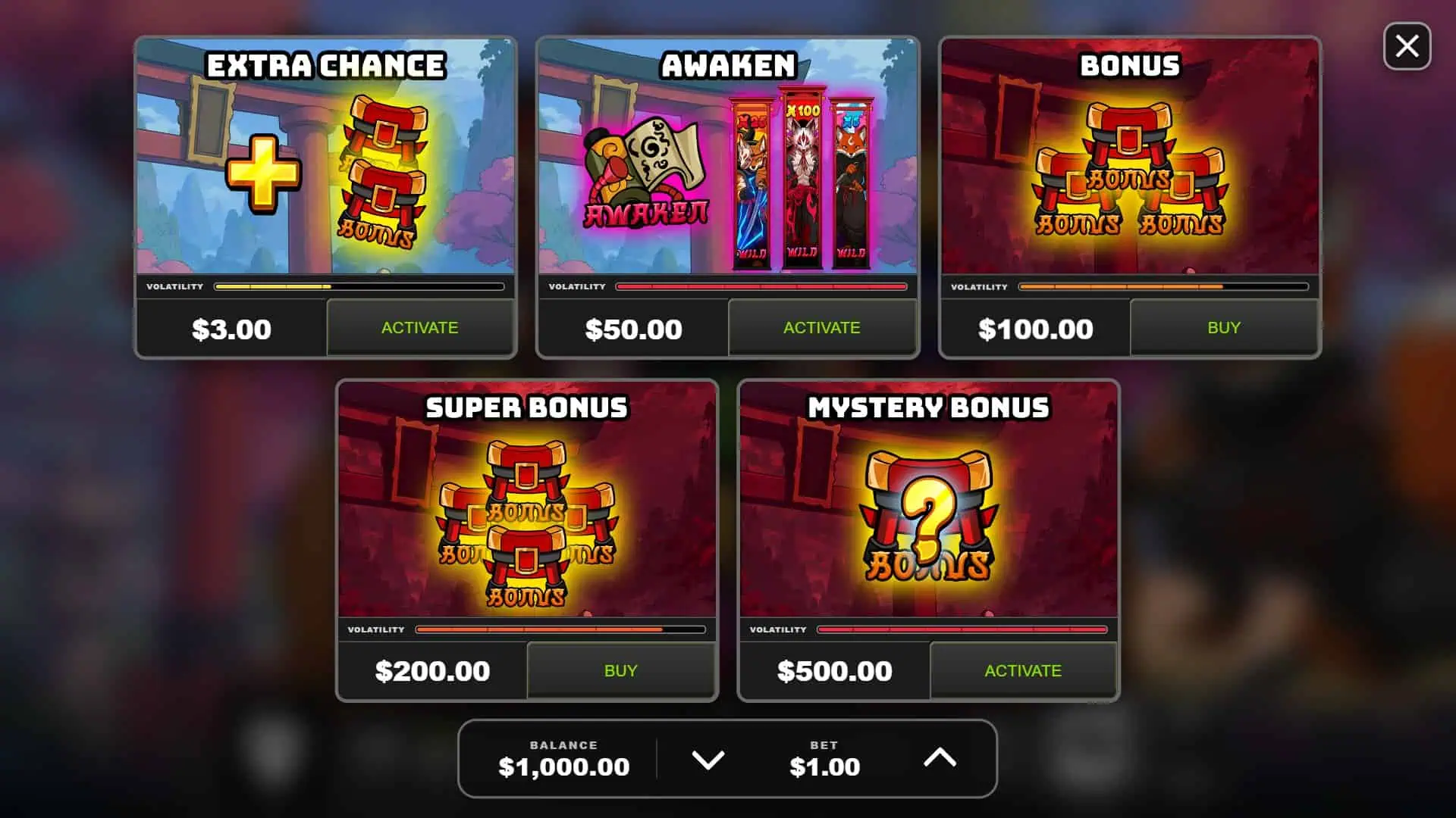 Ninja Fox bonus buy menu