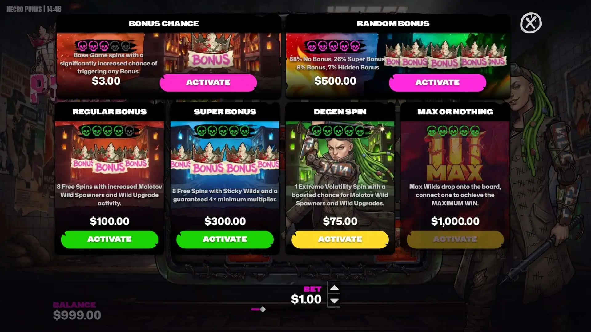 Necro Punks bonus buy menu