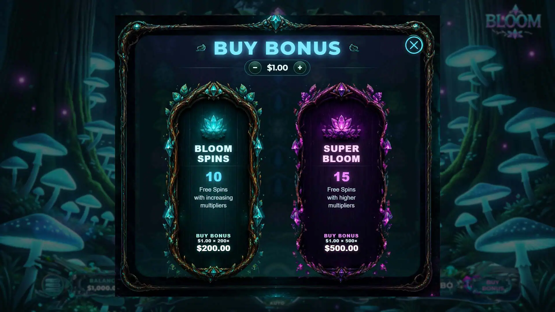Bloom Cluster Pays bonus buy menu