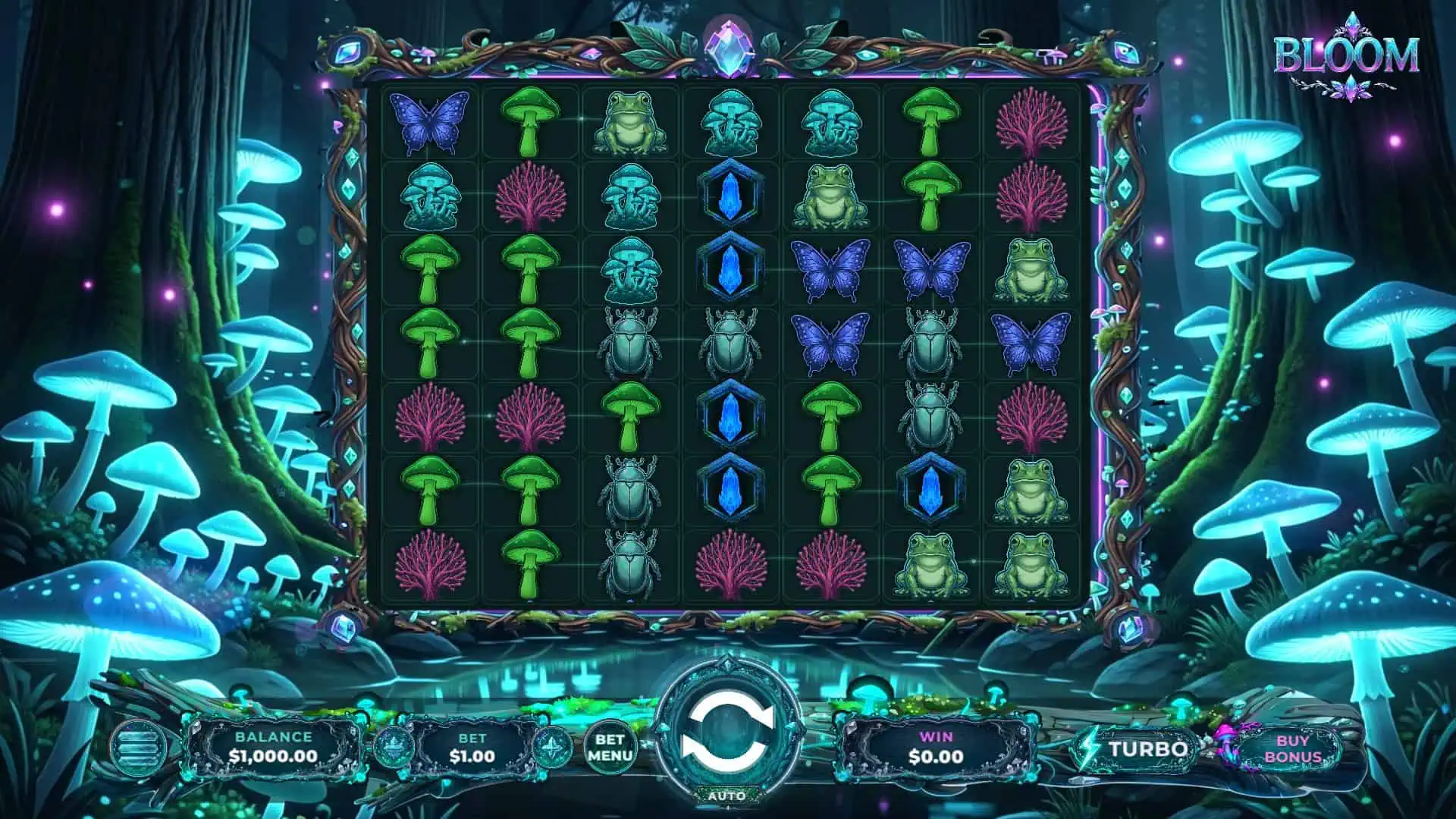 Bloom Cluster Pays slot gameplay reels