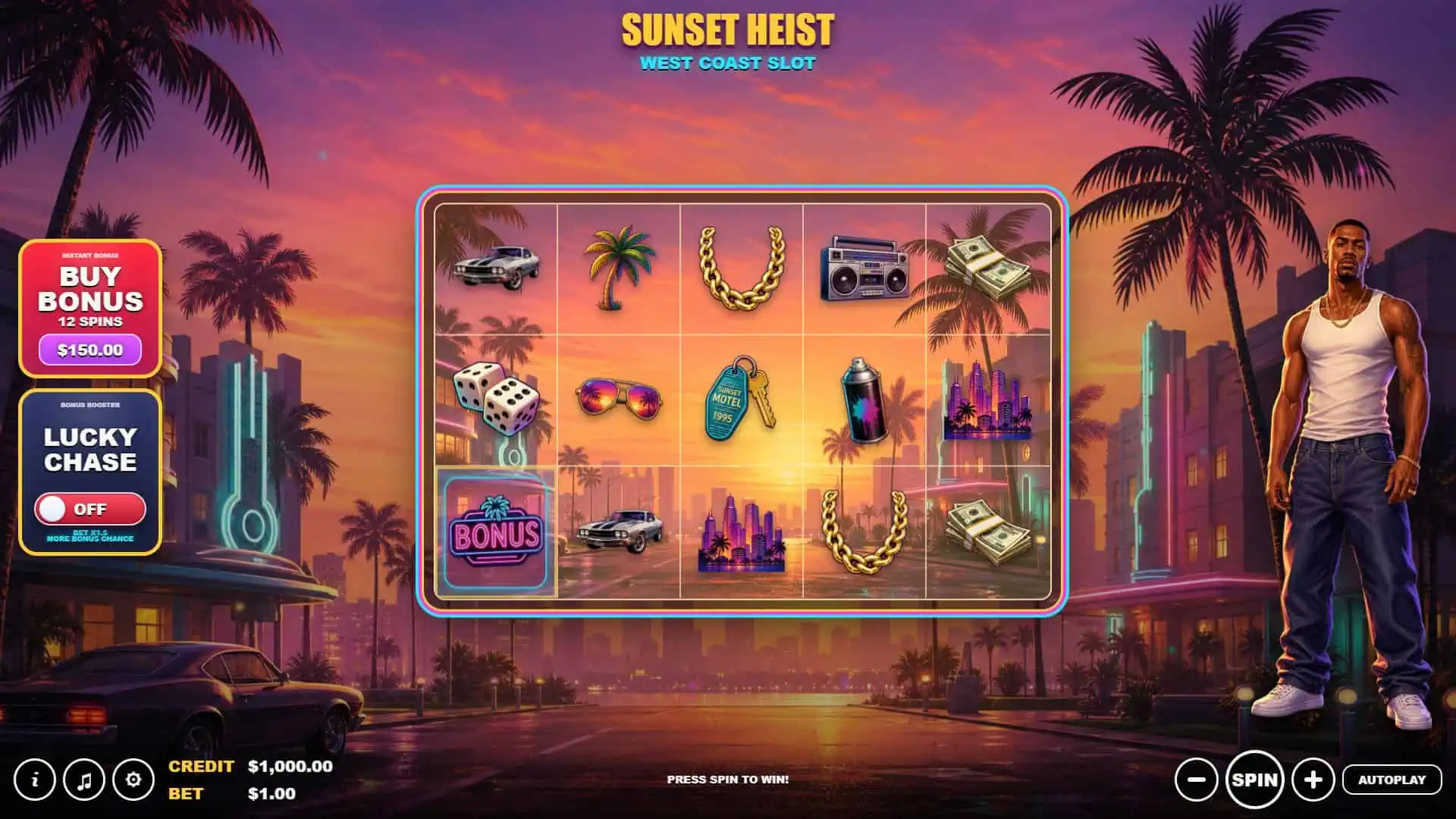 Sunset Heist slot gameplay reels