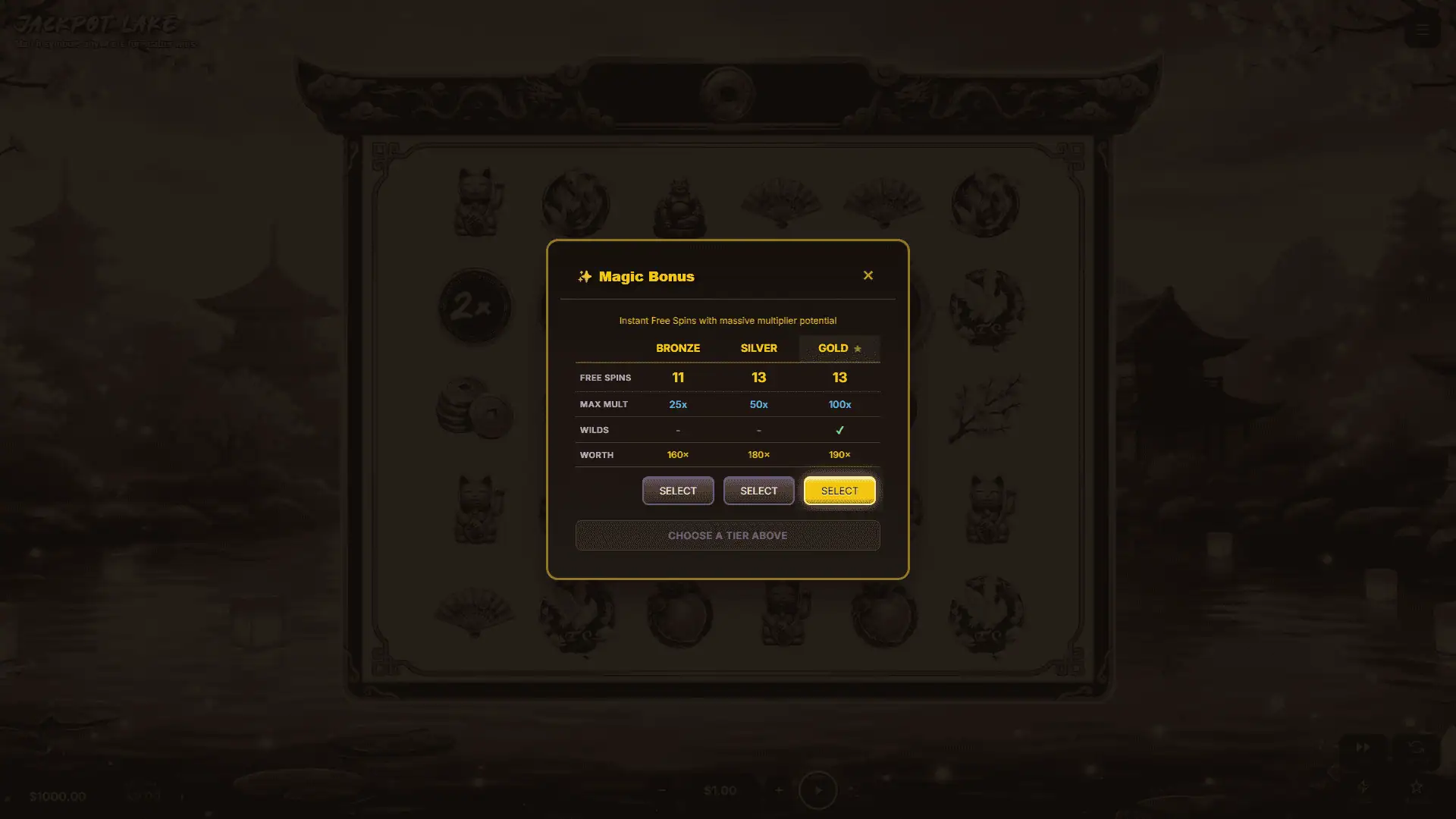 Jackpot Lake bonus buy menu