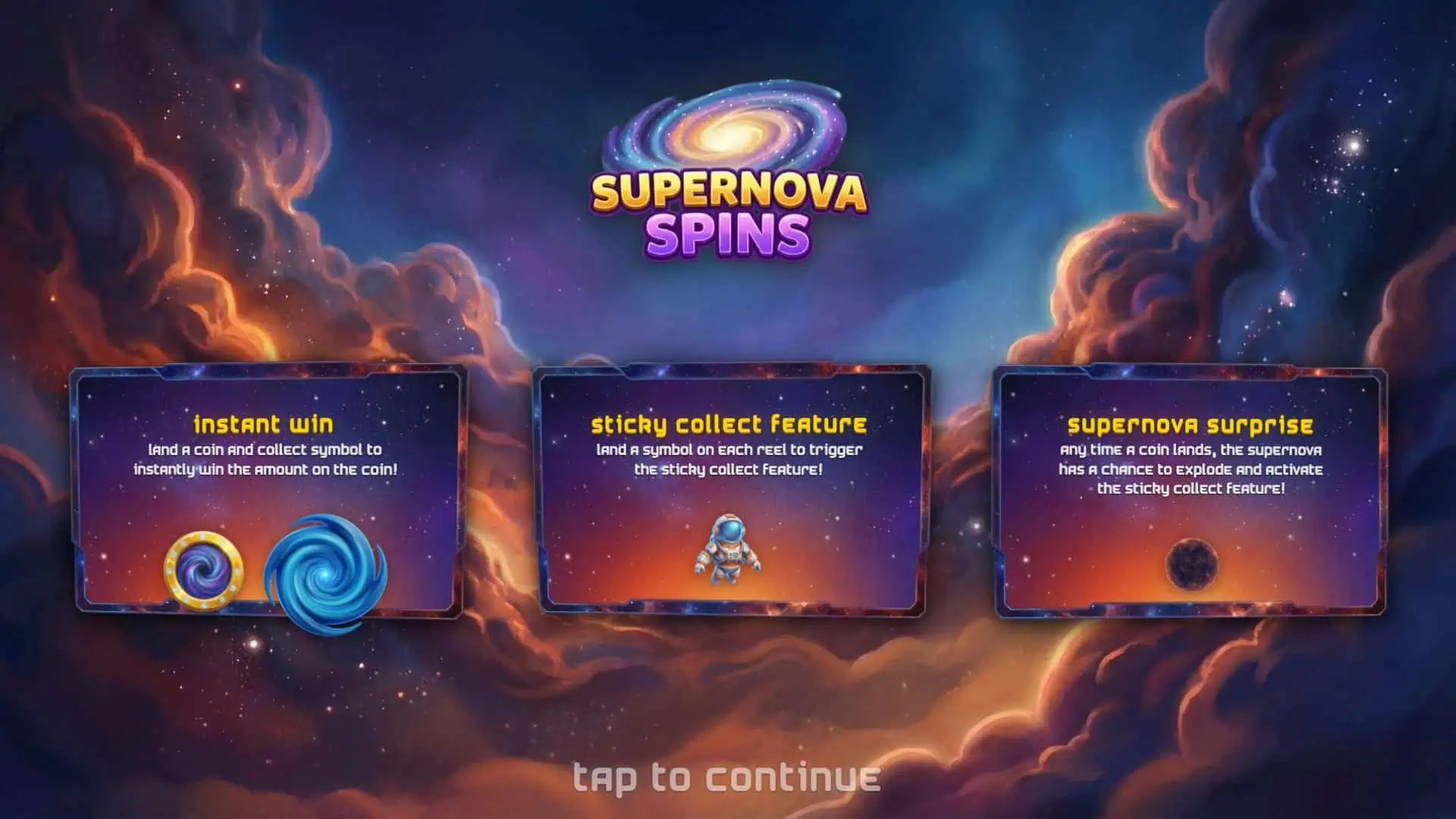 Supernova Spins slot intro screen