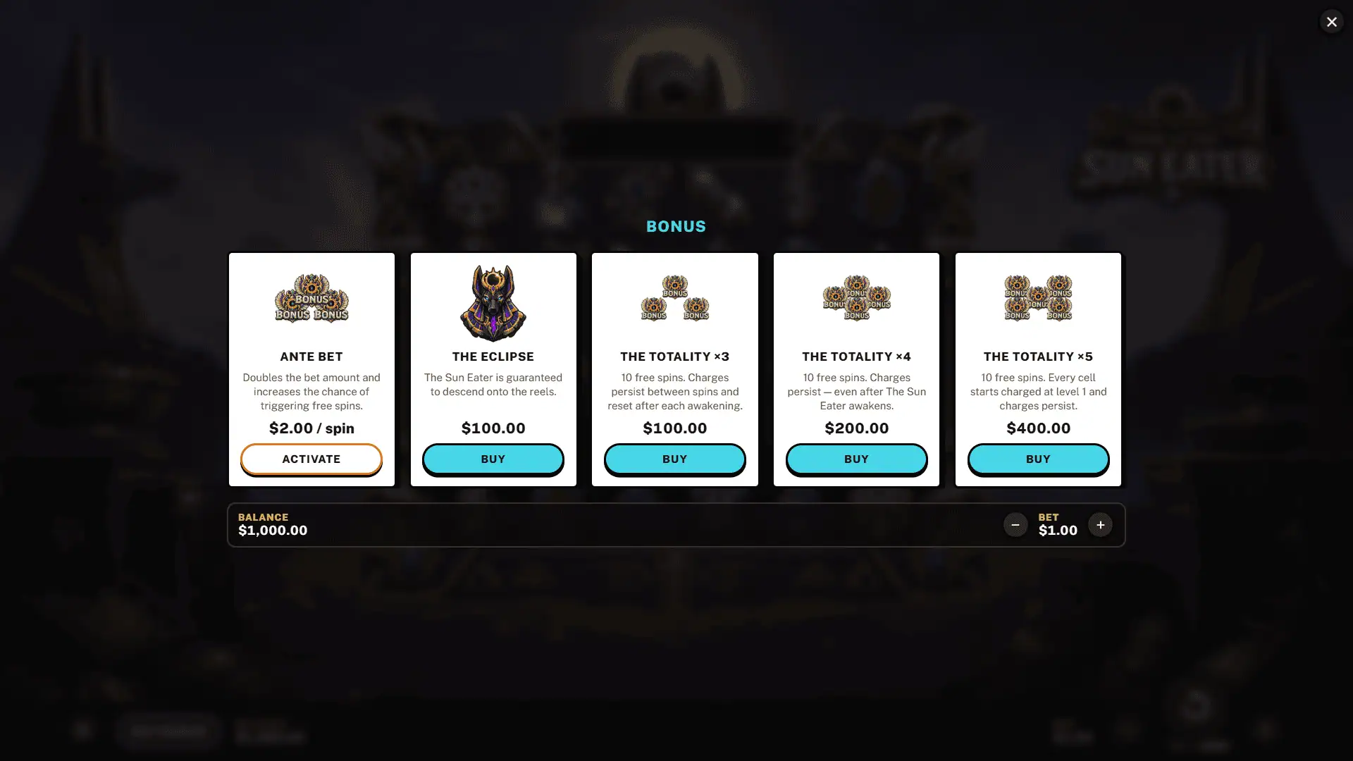Tomb Of The Sun Eater bonus buy menu