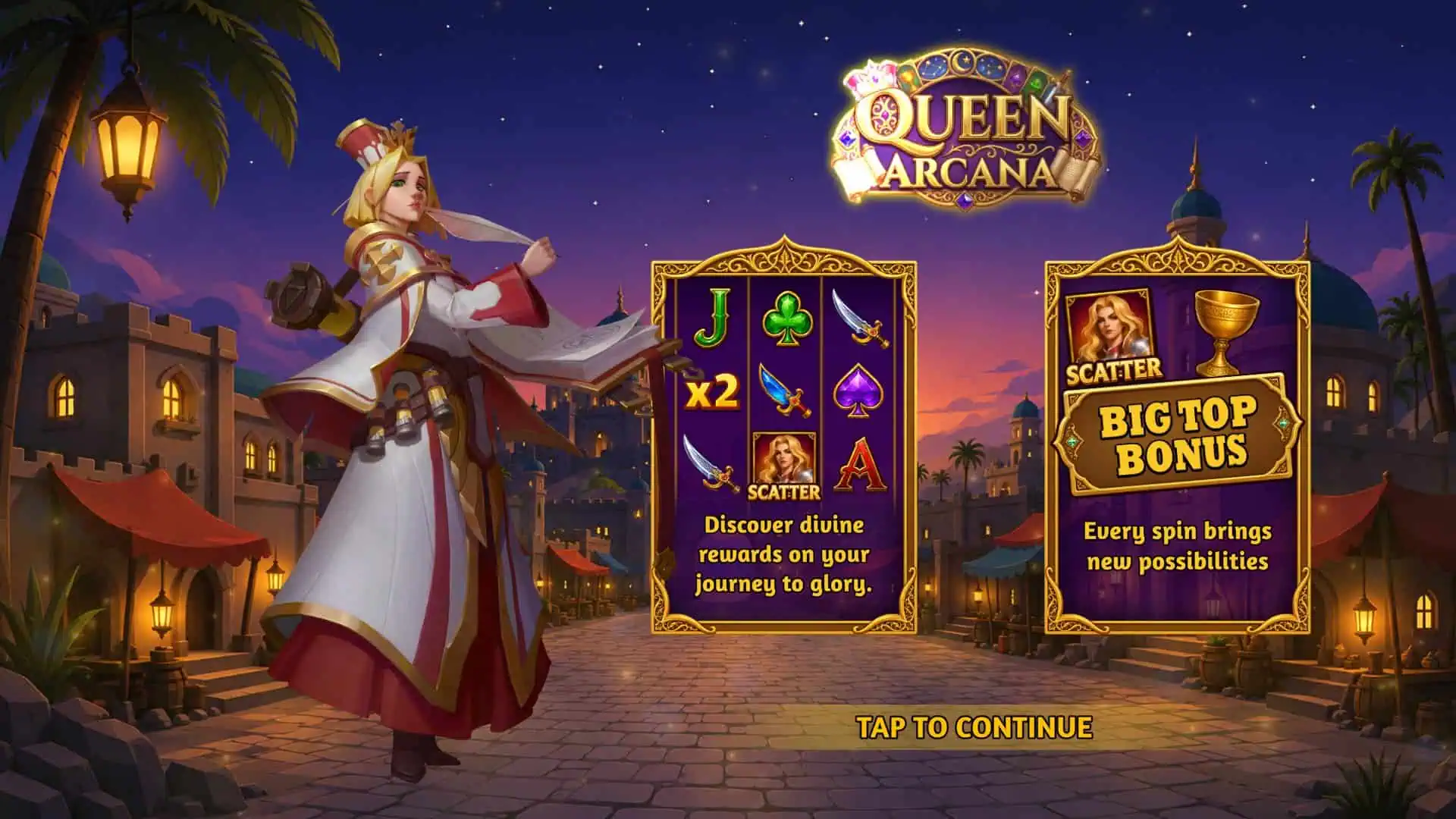 Queen Arcana slot intro screen