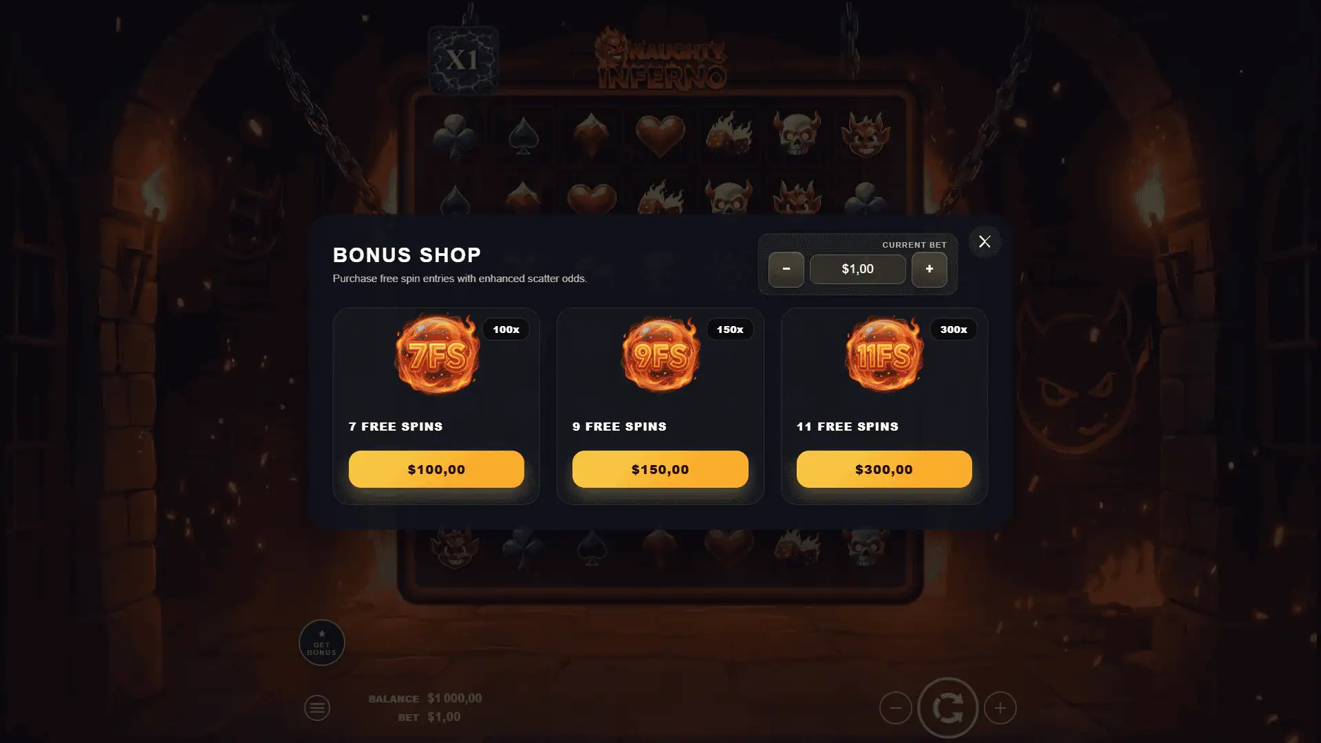 Naughty Inferno bonus buy menu