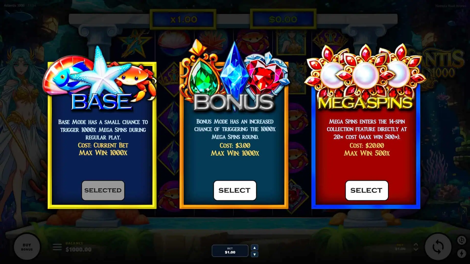 Atlantis 1000 bonus buy menu