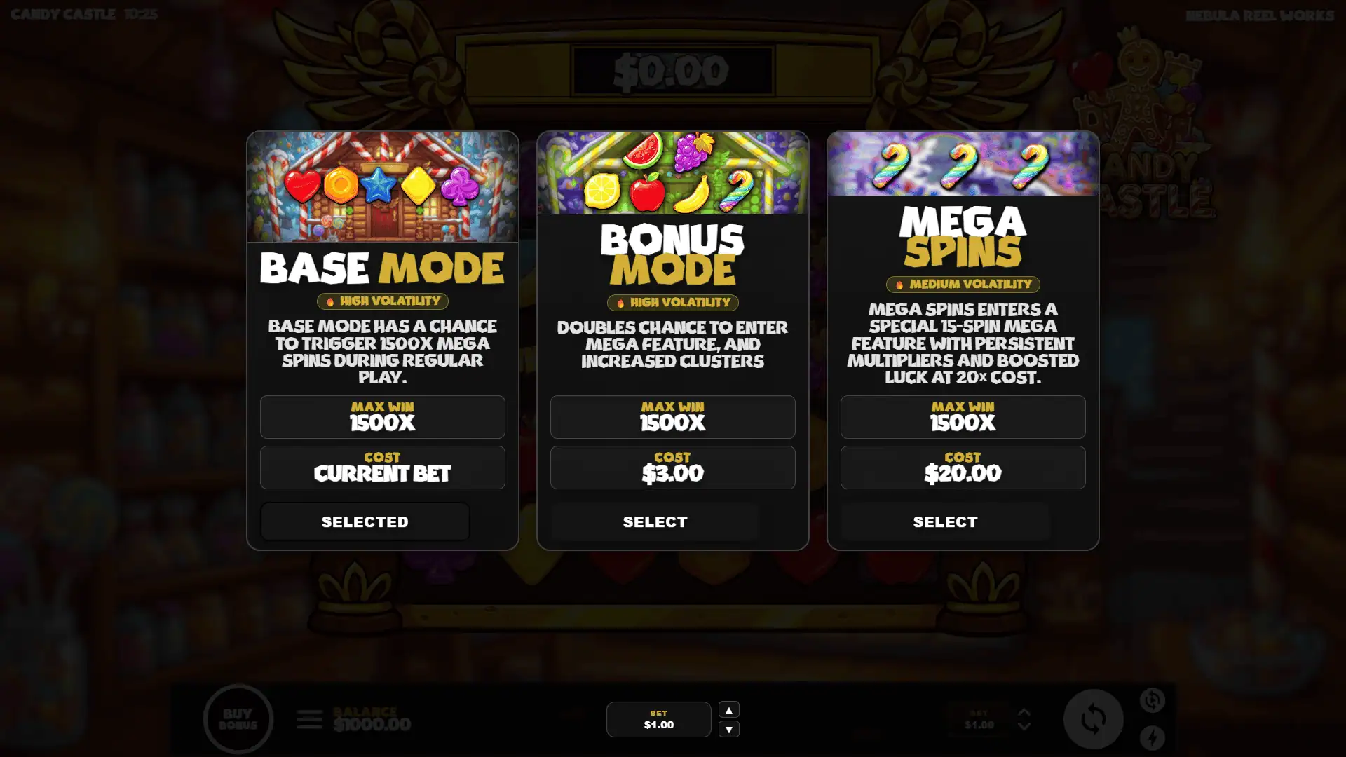 Candy Castle bonus buy menu