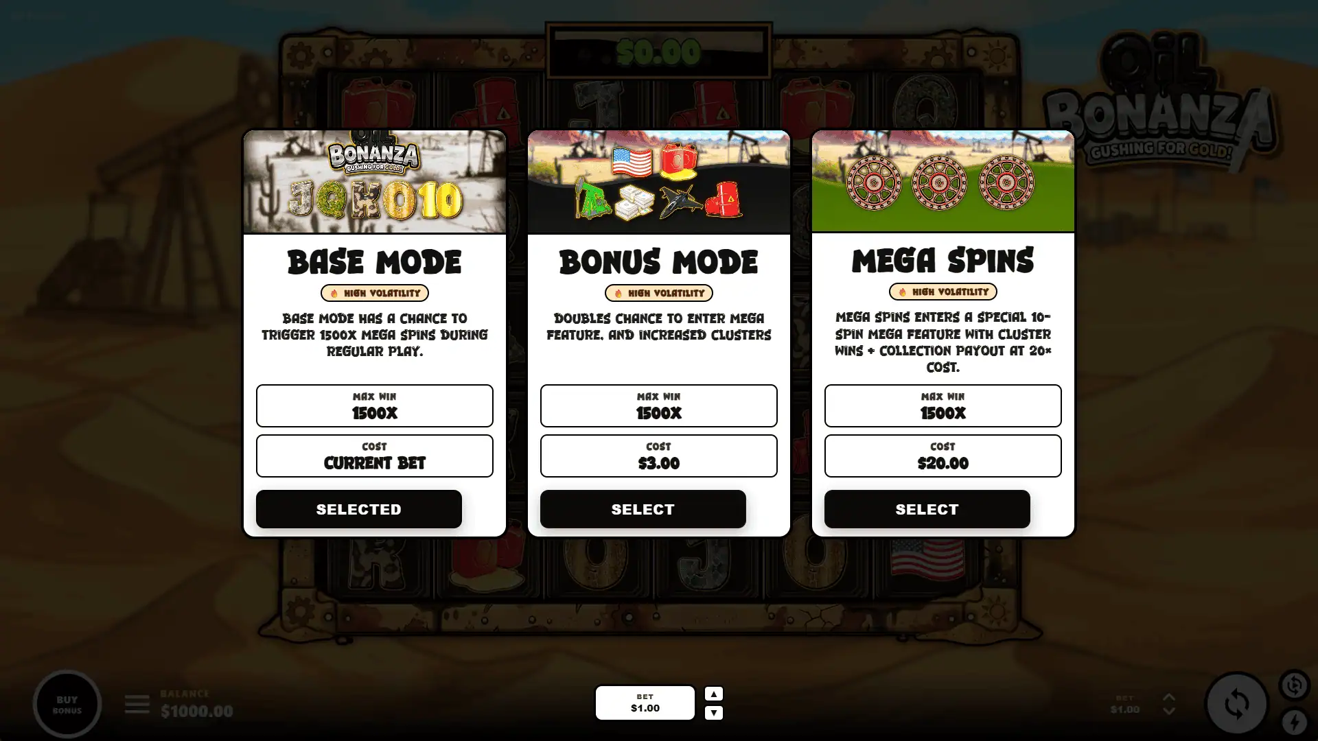 Oil Bonanza bonus buy menu