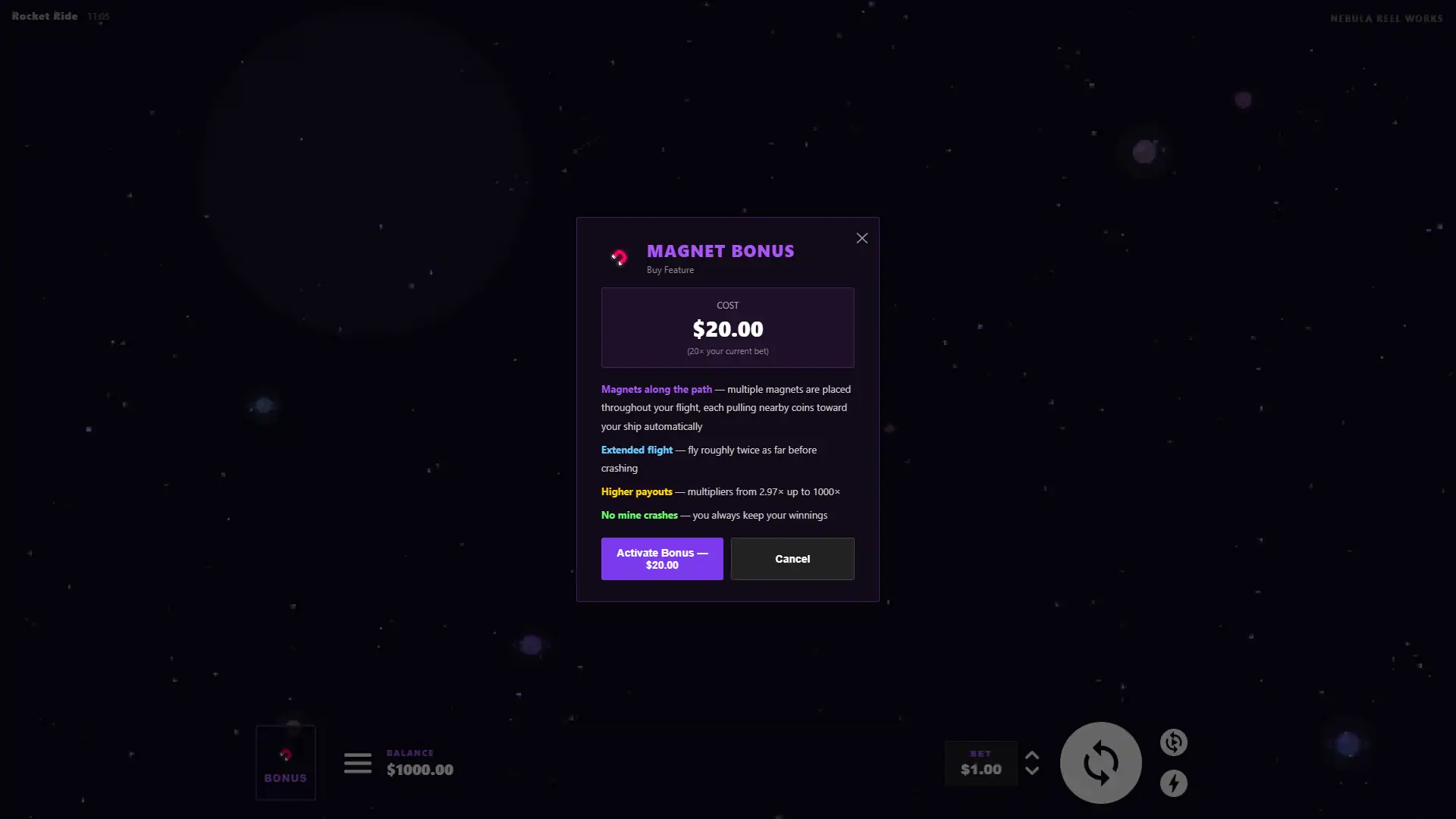 Rocket Ride bonus buy menu