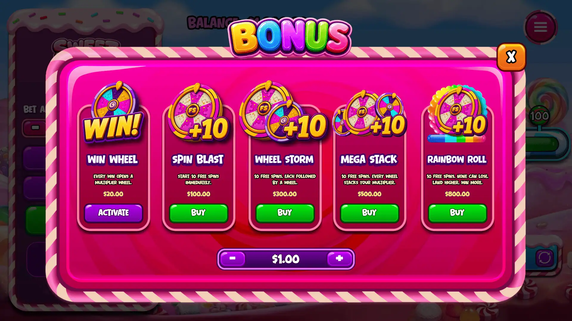 Sweet Dice Rush bonus buy menu