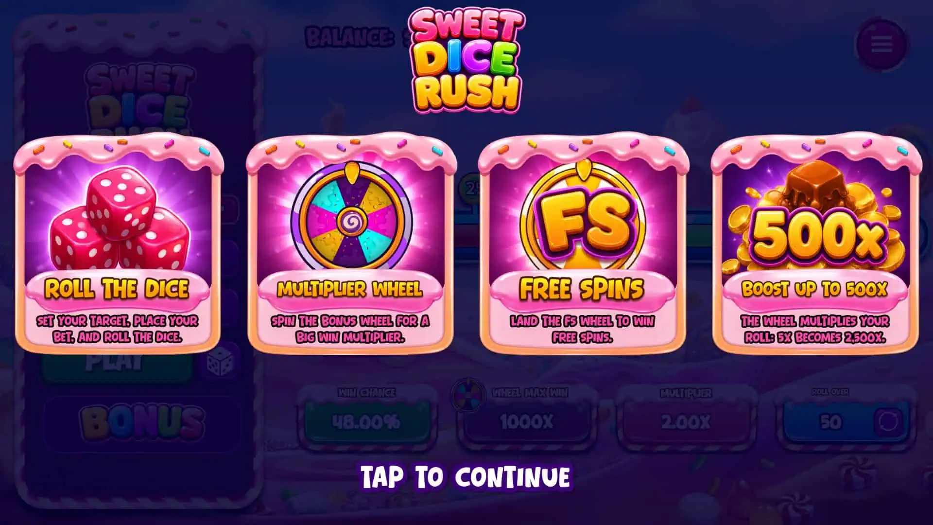 Sweet Dice Rush slot intro screen