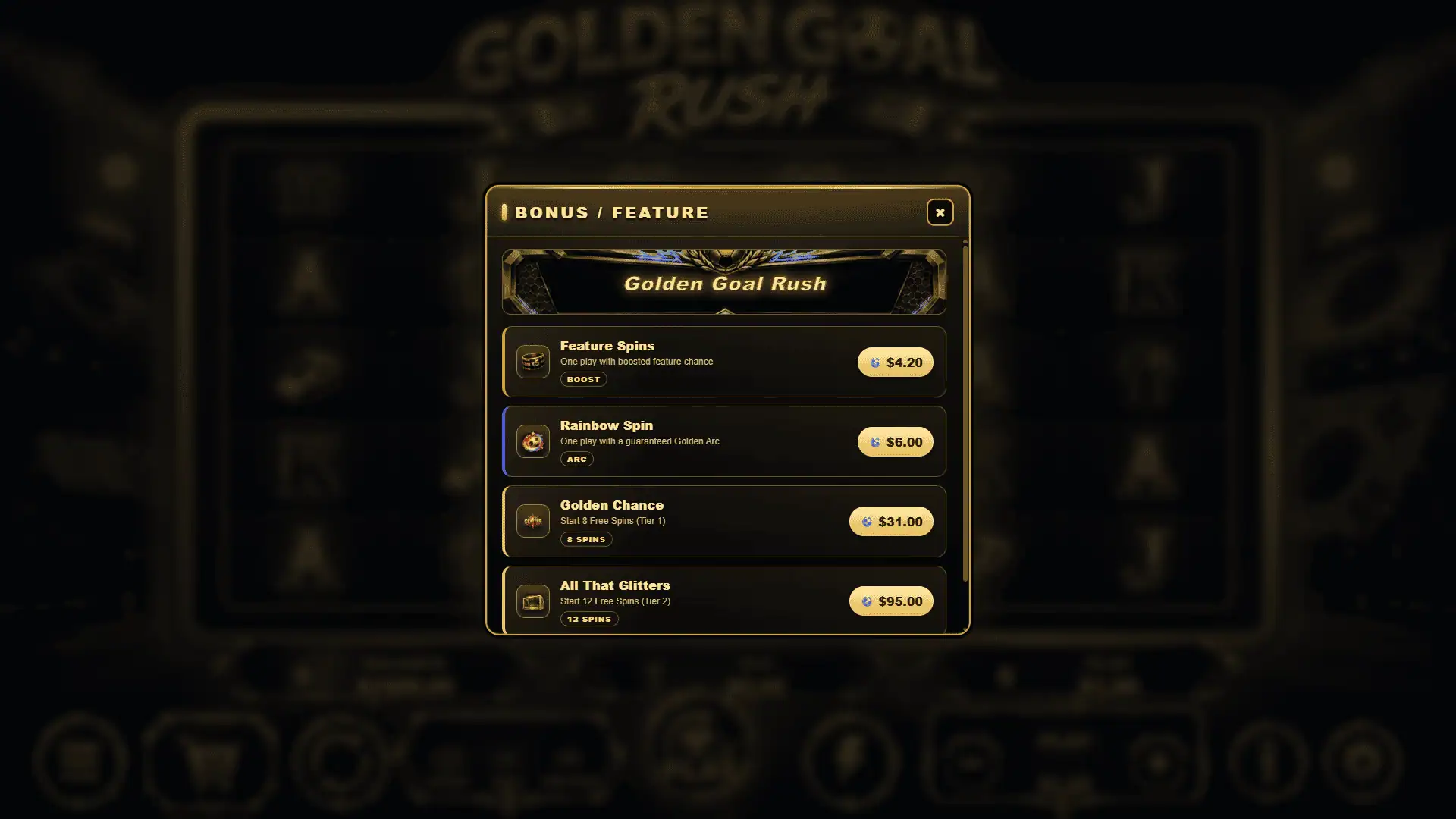 Golden Goal Rush bonus buy menu