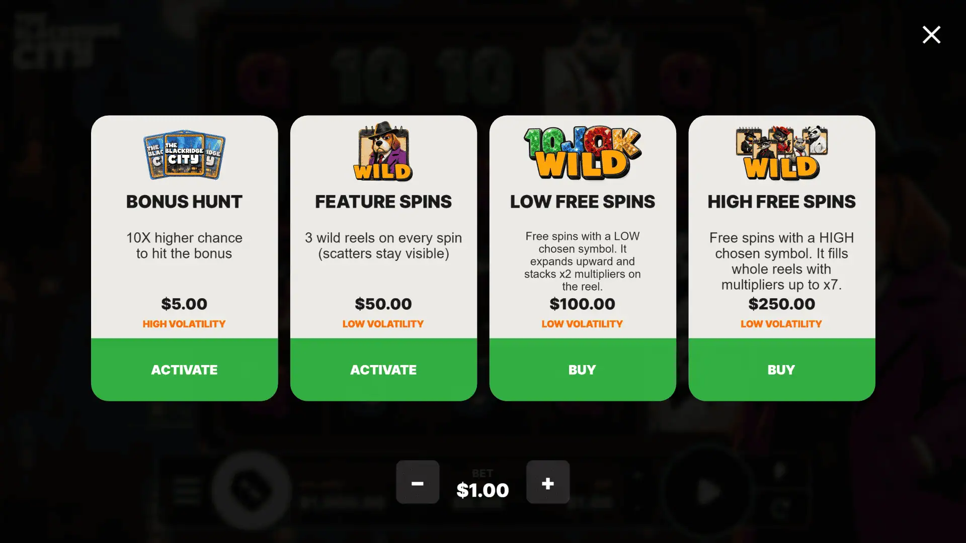 The Blackridge City bonus buy menu