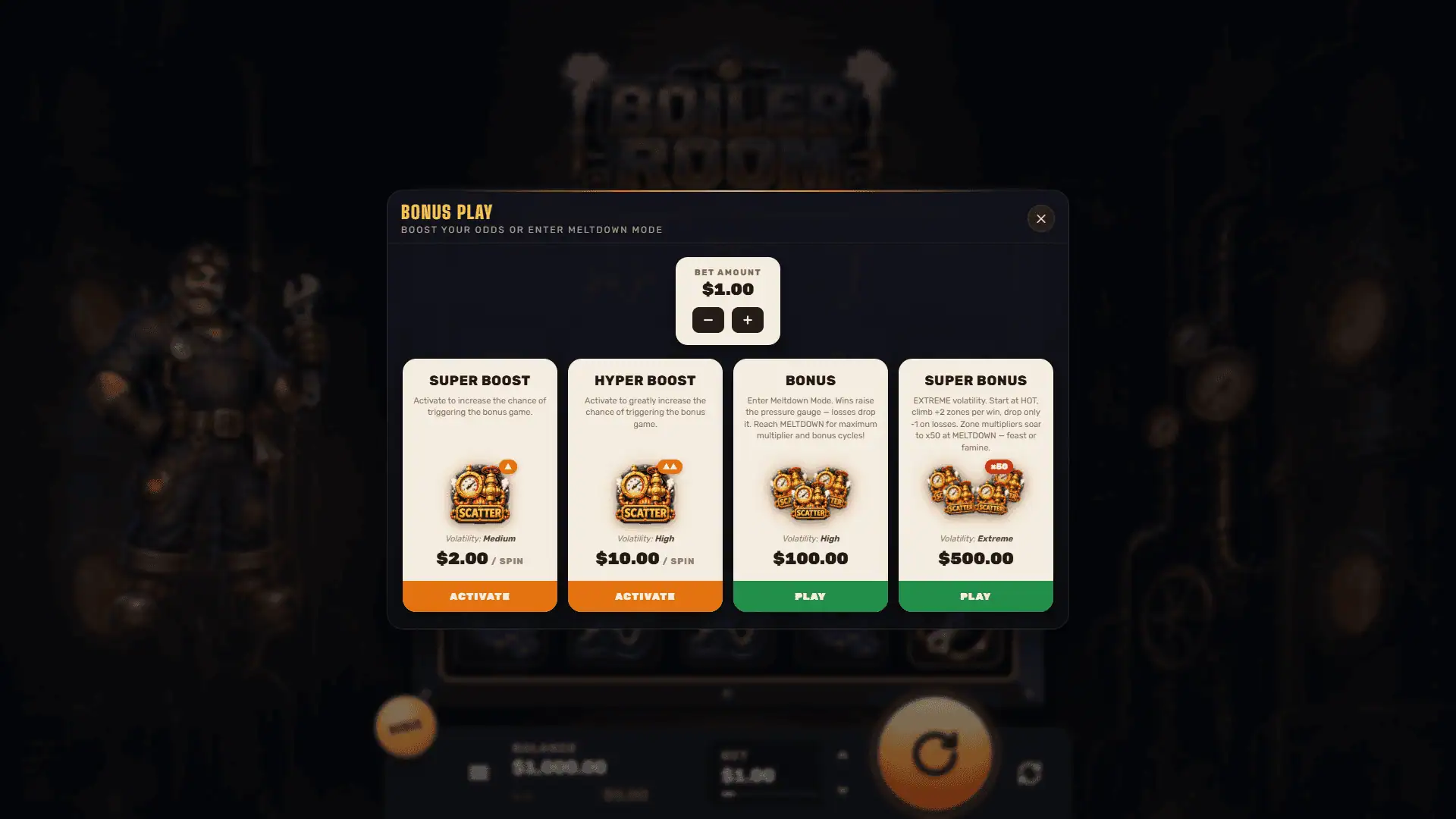 Boiler Room bonus buy menu
