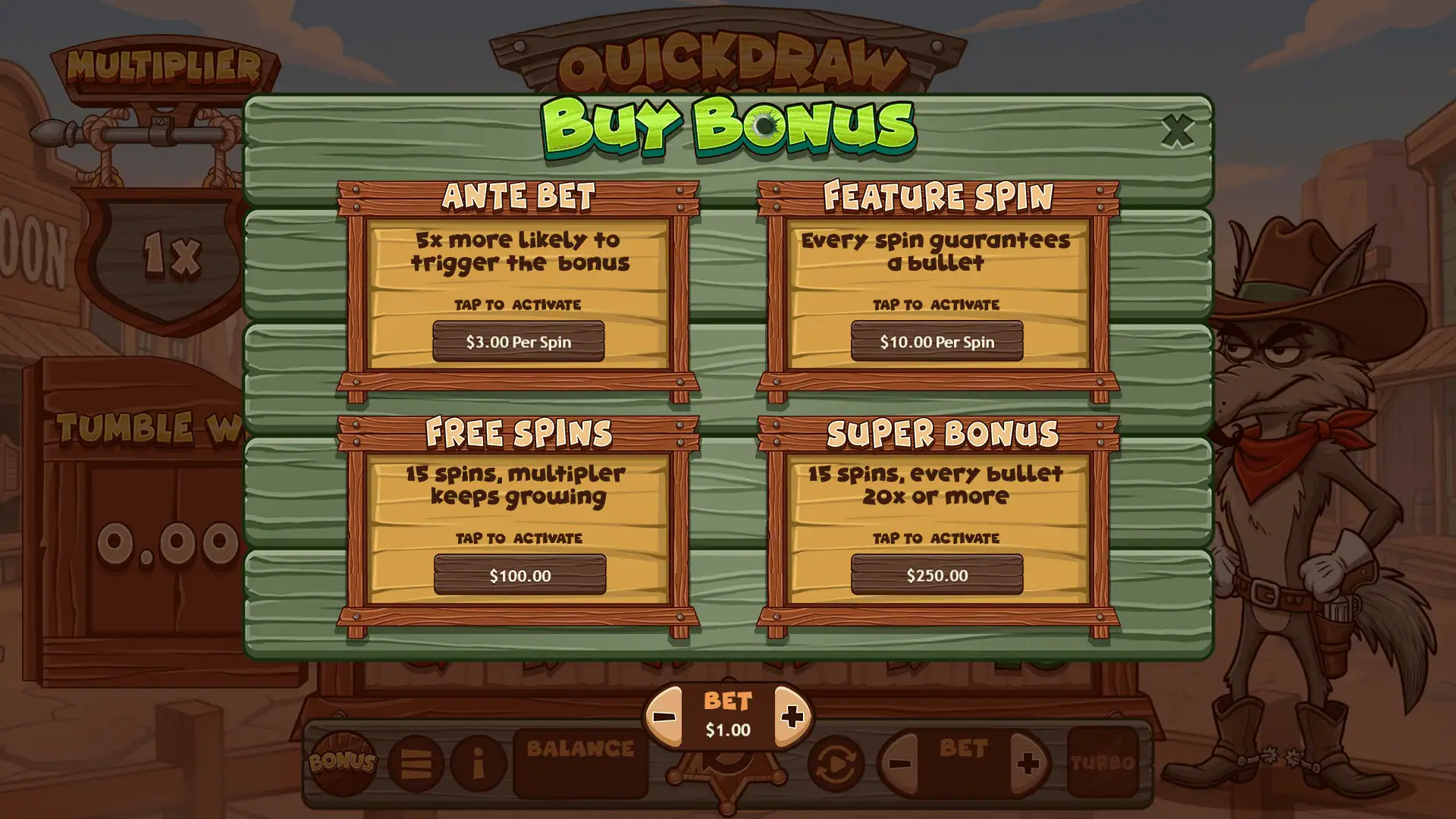 Quickdraw Coyote bonus buy menu