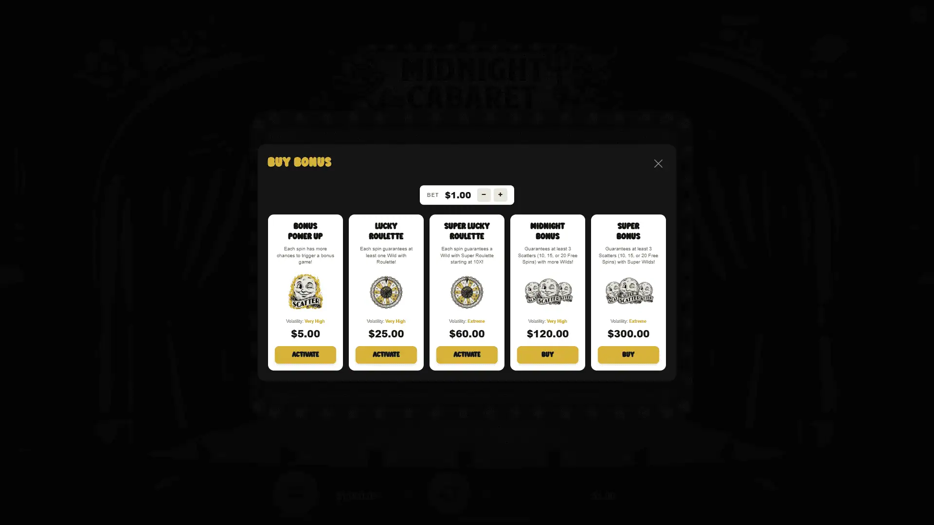 Midnight Cabaret bonus buy menu