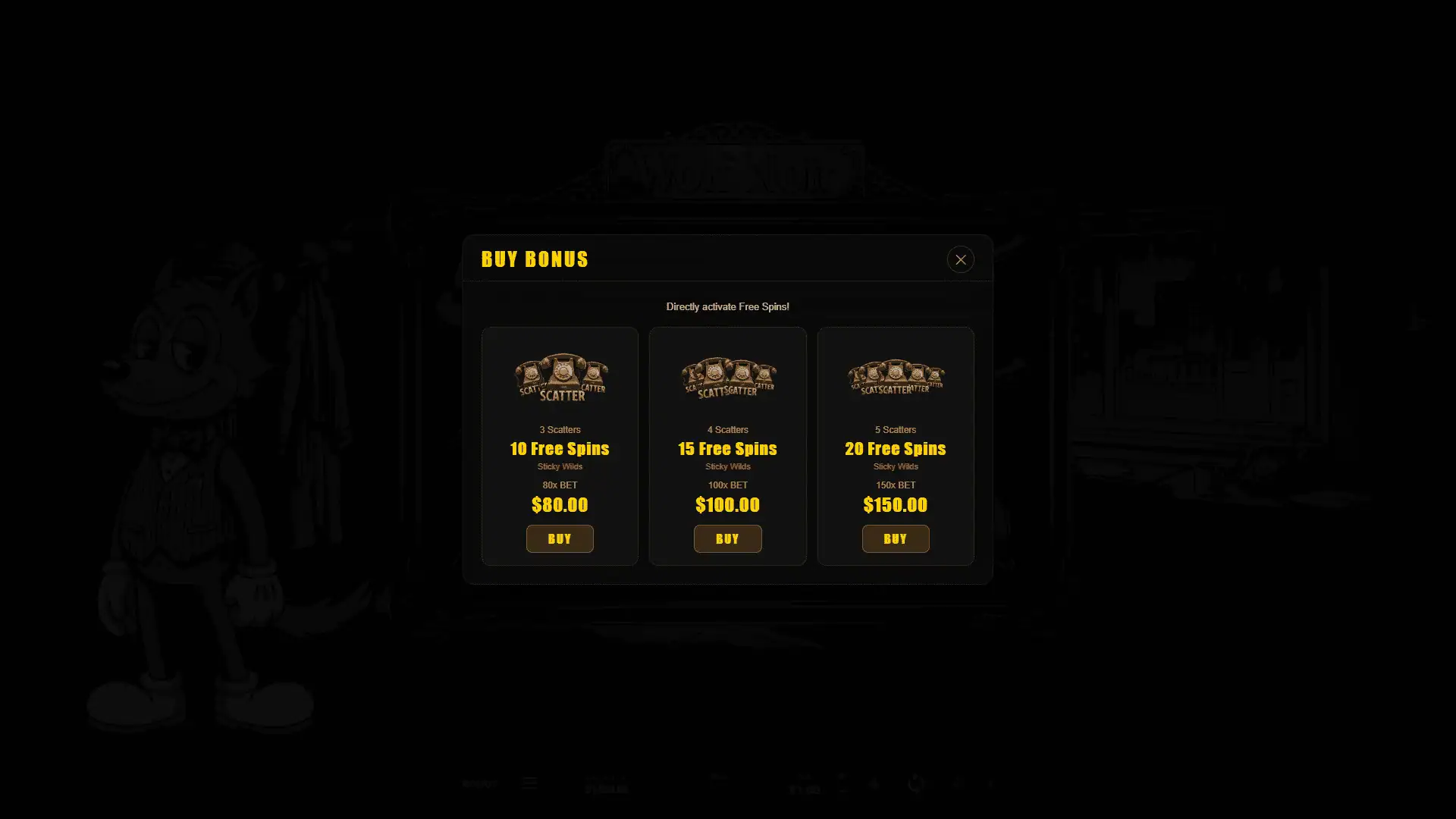 Wolf Noir bonus buy menu